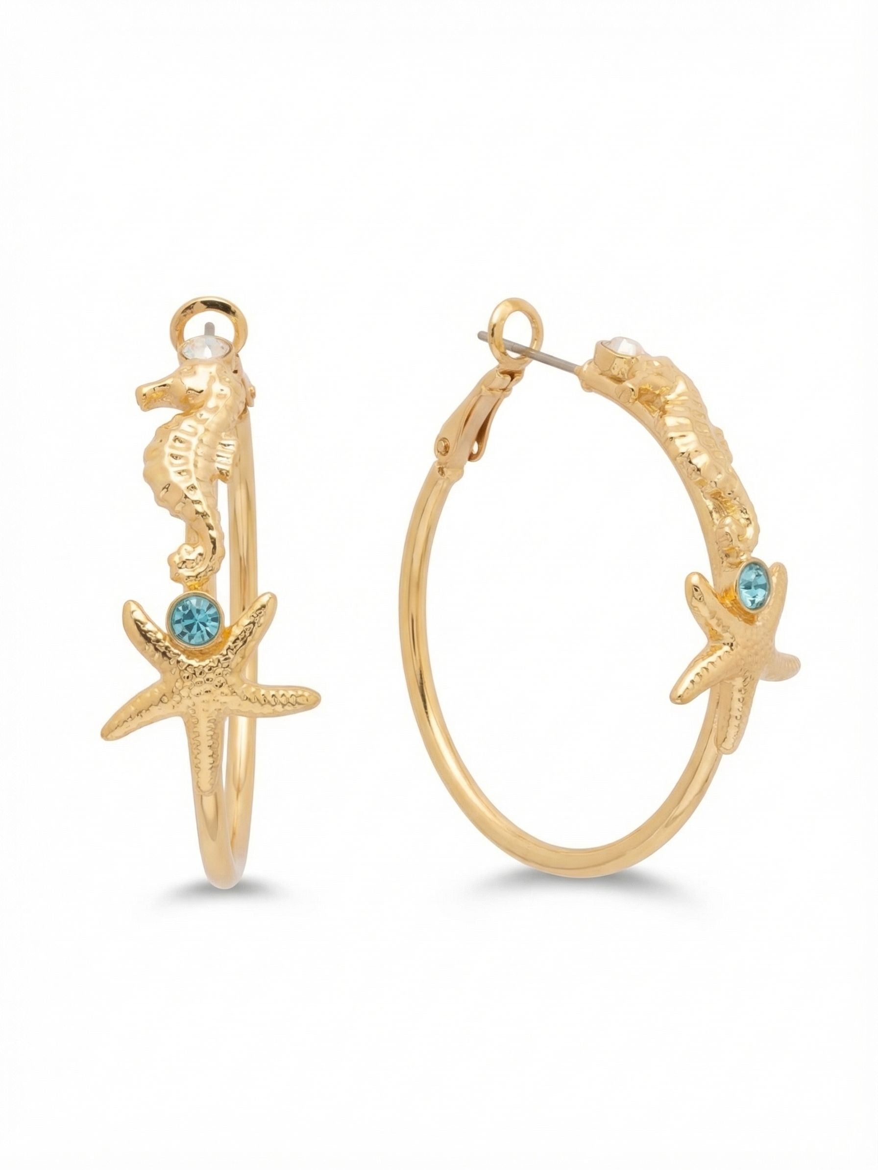 Rehoboth Hoop Earrings - EGE15BGCSD - <p>A sculptural take on a classic two-inch hoop. Textured starfish and seahorse motifs climb the front curve of the metal, creating subtle dimension that shifts as you turn your head. Tiny sparks of aquamarine and soft yellow crystal are nestled directly into the marine design, offering just a hint of coastal light rather than overwhelming sparkle. The post clicks securely into place, giving these detailed hoops a balanced feel that easily transitions from warm afternoons to evening dinners.</p><ul>
<li>Sculptural starfish and seahorse motifs climb the front curve</li>
<li>Subtle accents of cool blue and pale yellow crystal</li>
<li>Hinged hoop with click-shut closure</li>
<li>Protective e-coat finish for lasting wear</li>
<li>Includes signature organza pouch for gifting and travel</li>
</ul>