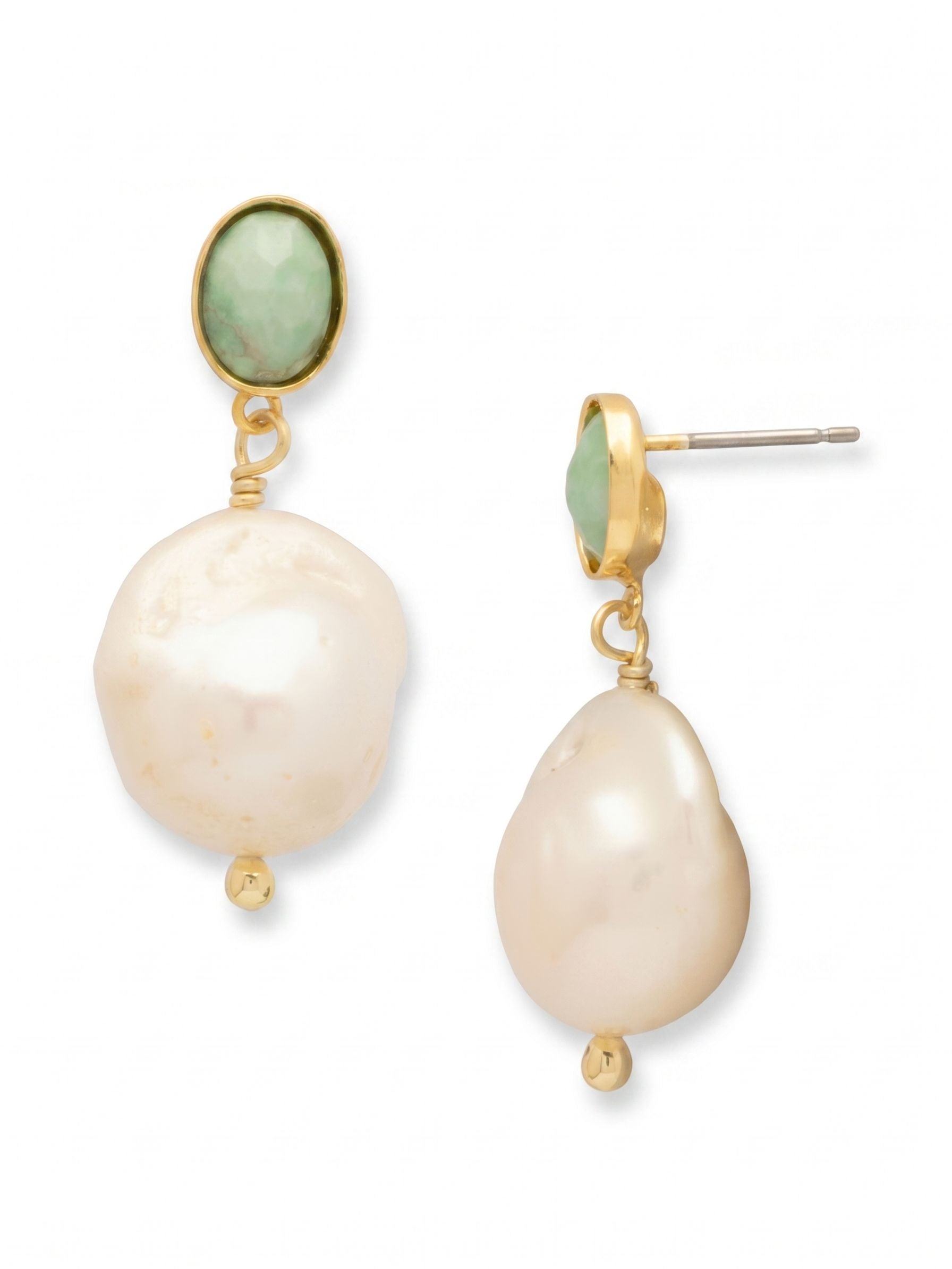 Stone Harbor Pearl Dangle Earrings - EGE4BGMDP - <p>The muted, earthy green of dyed howlite anchors the organic curve of a large baroque pearl. Suspended by a delicate wire loop, the pearl catches the light with a soft luster and sways gently with every step. We pair these earrings with an oversized comfort clutch, ensuring the weight stays balanced and secure from morning until night. It is a subtle mix of color and texture that easily transitions through your daily rotation.</p><ul>
<li>Earthy green howlite paired with the natural luster of a baroque pearl drop</li>
<li>Organic stone shapes ensure every pair carries its own subtle variations</li>
<li>Post with oversized comfort-clutch back</li>
<li>Protective e-coat finish for lasting wear</li>
<li>Includes signature organza pouch for gifting and travel</li>
</ul>