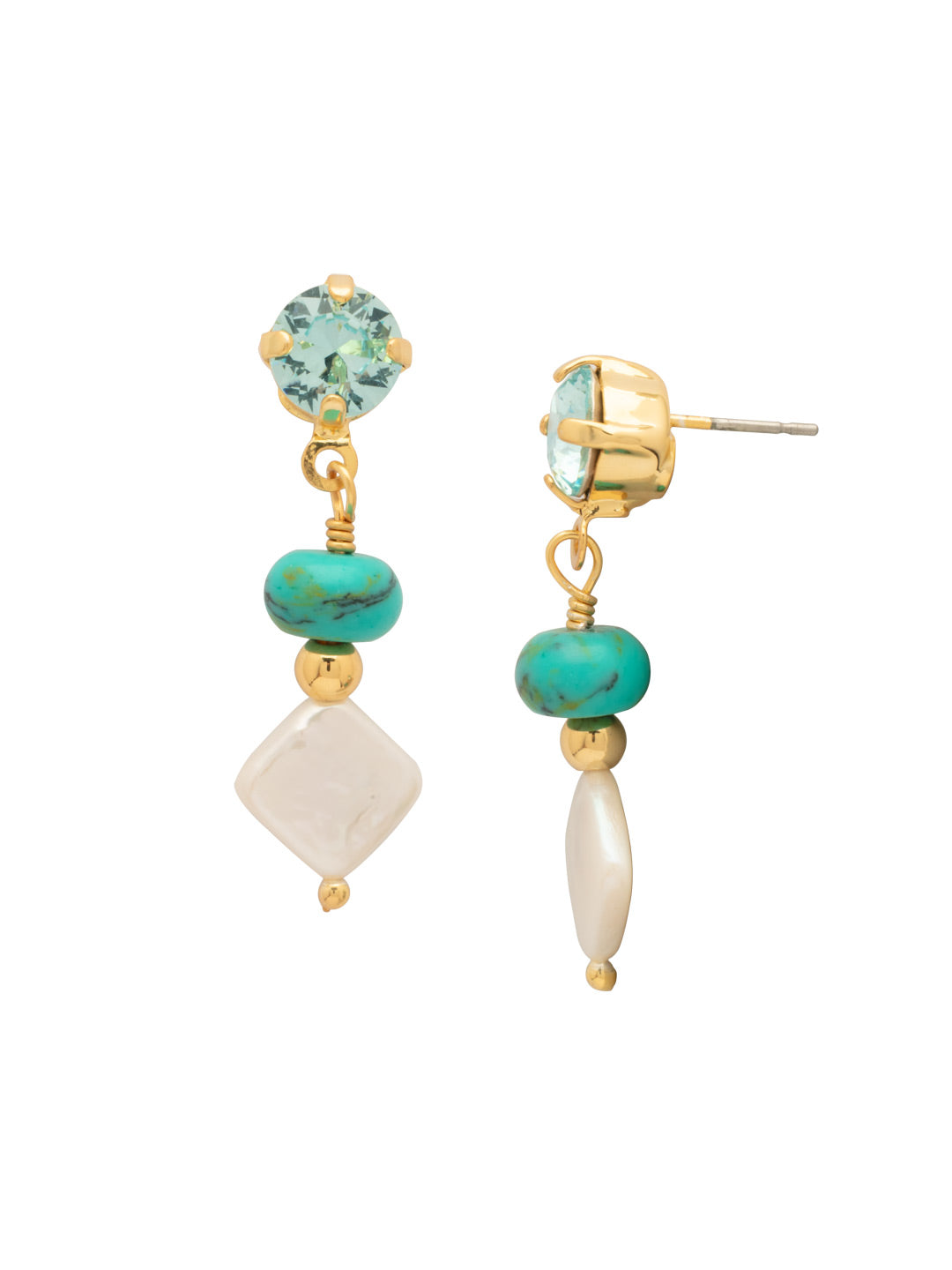 Tybee Dangle Earrings - EGE5BGTQ - <p>The Tybee Dangle Earrings feature a single turquoise bead and diamond-cut freshwater pearl dangling from a round-cut crystal stud. From Sorrelli's Turquoise collection in our Bright Gold-tone finish.</p>