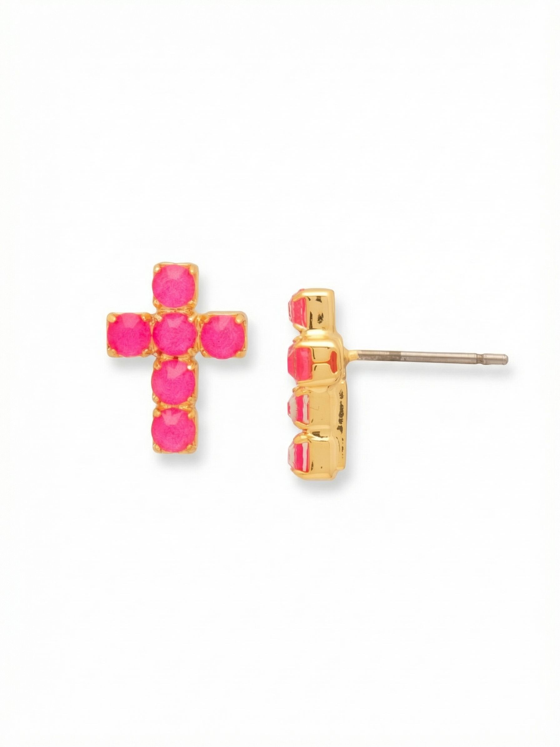 Carly Cross Stud Earrings - EGE88BGETP - <p>These cross studs offer a concentrated dose of color in a highly wearable scale. Six tightly aligned bright pink crystals form a compact silhouette that sits comfortably against the ear, catching the light naturally at conversation distance. The warm metal setting cleanly defines the classic shape, giving the vivid stones a polished frame. Designed with an oversized comfort clutch, they remain perfectly positioned and secure from morning until evening.</p><ul>
<li>Tightly aligned round crystals create a solid block of high-saturation color</li>
<li>Petite cross silhouette offers everyday wearability with a bold visual presence</li>
<li>Post with oversized comfort-clutch back</li>
<li>Protective e-coat finish for lasting wear</li>
<li>Includes signature organza pouch for gifting and travel</li>
</ul>