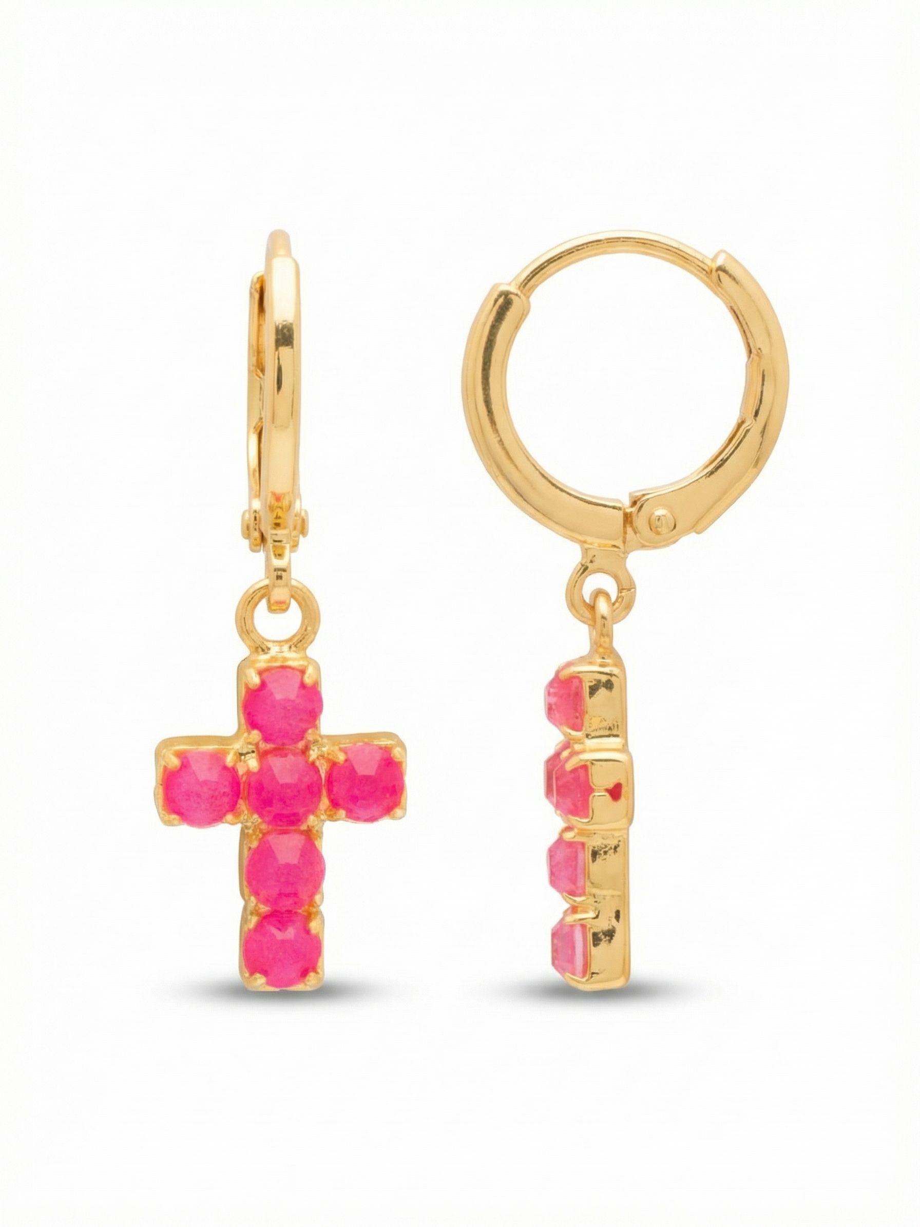 Carly Cross Huggie Hoop Earrings - EGE8BGETP - <p>A familiar silhouette rendered in concentrated color. These huggie hoops wrap cleanly around the ear, suspending a small cross charm that moves freely as you turn your head. Built from tightly set round crystals in an intensely bright, opaque pink, the pendant offers a sharp contrast against the warm gold-tone setting. It is a playful interpretation of a traditional motif, adding an unexpected flash of color to your daily look while remaining comfortable enough for all-day wear.</p><ul>
<li>Intensely bright opaque pink crystals in a classic cross motif</li>
<li>Freely swinging pendant design that adds movement close to the face</li>
<li>Huggie hoop with click-shut closure</li>
<li>Protective e-coat finish for lasting wear</li>
<li>Includes signature organza pouch for gifting and travel</li>
</ul>