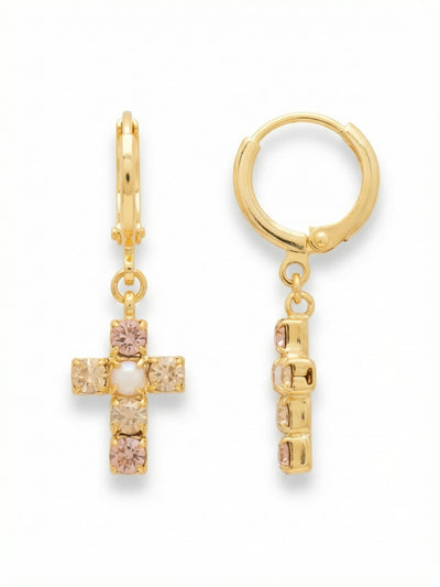 Carly Cross Huggie Hoop Earrings - EGE8BGGGO - <p>A polished hoop suspends a structured cross pendant, catching the light with every subtle turn of the head. The drop is crafted from a continuous channel of round-cut crystals in warm vintage rose and golden shadow, anchored by an iridescent white alabaster center. A secure huggie closure clicks cleanly into place, offering a comfortable, lightweight fit that stays put all day. It brings a quiet, intentional presence to your daily rotation.</p><ul>
<li>Crystal-set channel construction creates a structured cross silhouette</li>
<li>Iridescent alabaster center stone grounds the warm blush and golden shadow palette</li>
<li>Huggie hoop with click-shut closure</li>
<li>Protective e-coat finish for lasting wear</li>
<li>Includes signature organza pouch for gifting and travel</li>
</ul>