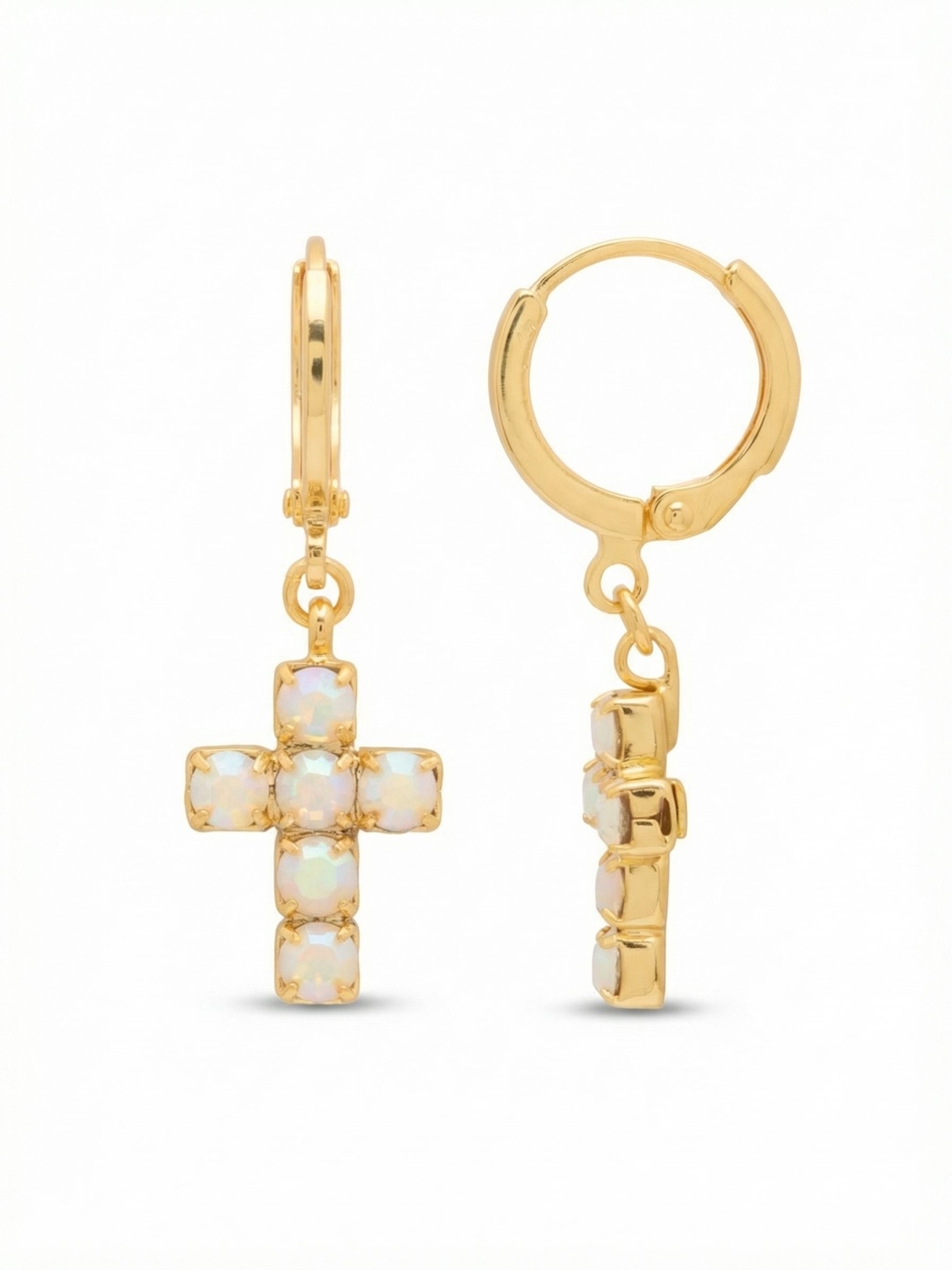 Carly Cross Huggie Hoop Earrings - EGE8BGWAB - <p>A secure huggie hoop anchors a freely moving cross pendant, setting the stage for subtle daily wear. Detailed with round White Alabaster Aurora Borealis crystals, the suspended cross catches ambient light with a warm, iridescent glow as you move. The snug closure keeps the earring comfortably in place from morning to night, while the varied drop offers just enough length to stand out. It brings a quiet, luminous energy to your everyday rotation.</p><ul>
<li>Cross pendant crafted from fluid crystal-set chain</li>
<li>Suspended charm creates dynamic movement with wear</li>
<li>Huggie hoop with click-shut closure</li>
<li>Protective e-coat finish for lasting wear</li>
<li>Includes signature organza pouch for gifting and travel</li>
</ul>