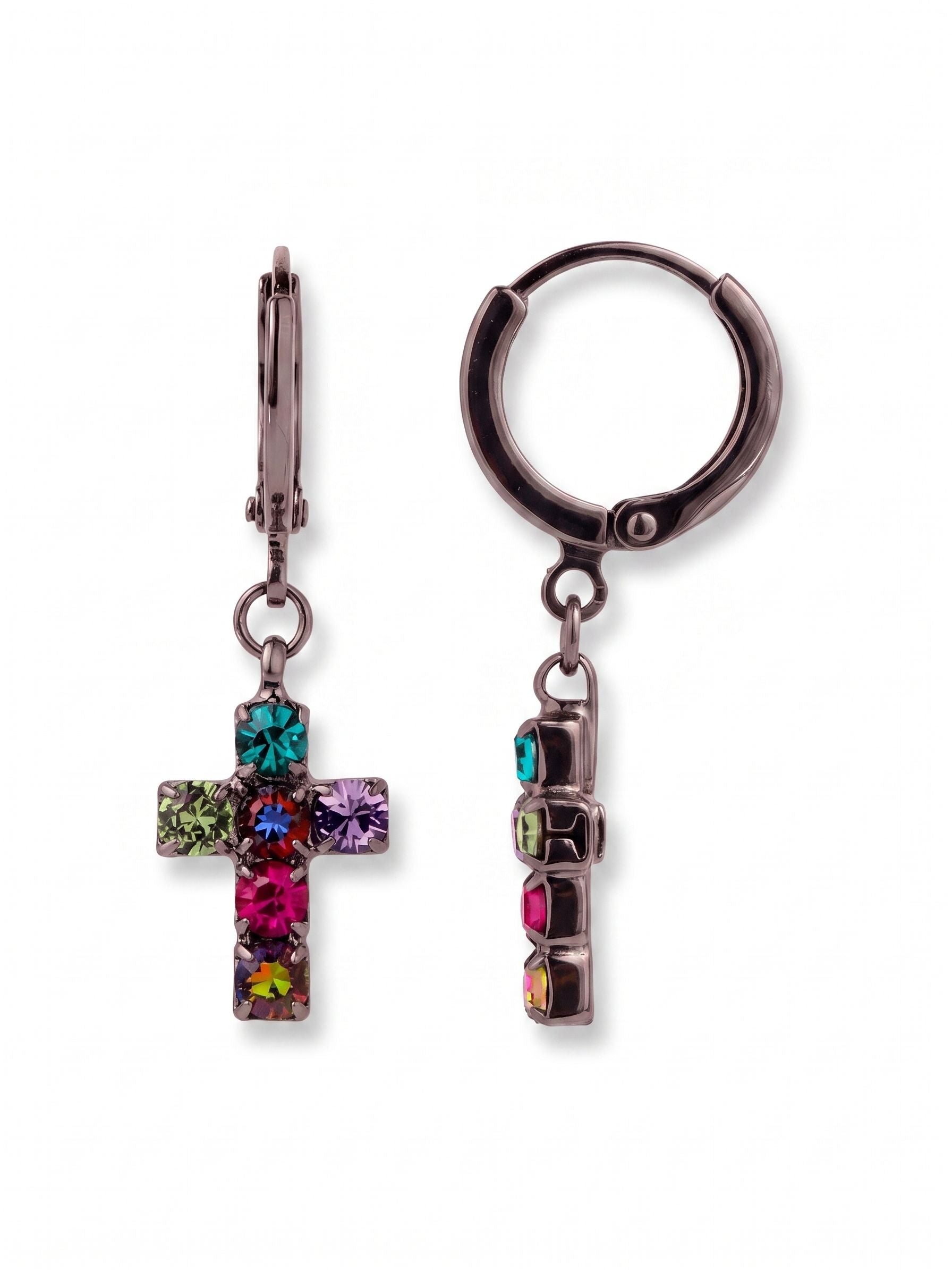 Carly Cross Huggie Hoop Earrings - EGE8GMNNI - <p>These small huggie hoops close securely around the ear, suspending a delicate cross charm built from vibrant round-cut crystals. The dark metal setting creates a sharp contrast against the vivid hits of fuchsia, teal, and shifting vitrail stones, giving a classic shape a modern edge. The hinged closure clicks easily into place for comfortable wear, while the articulated drop ensures the colorful gems catch the light with every slight turn of the head.</p><ul>
<li>Colorful mix of round-cut crystals built into a tightly set cross charm</li>
<li>Articulated drop design allows the pendant to move naturally with the wearer</li>
<li>Huggie hoop with click-shut closure</li>
<li>Includes organza pouch for gifting and travel</li>
</ul>