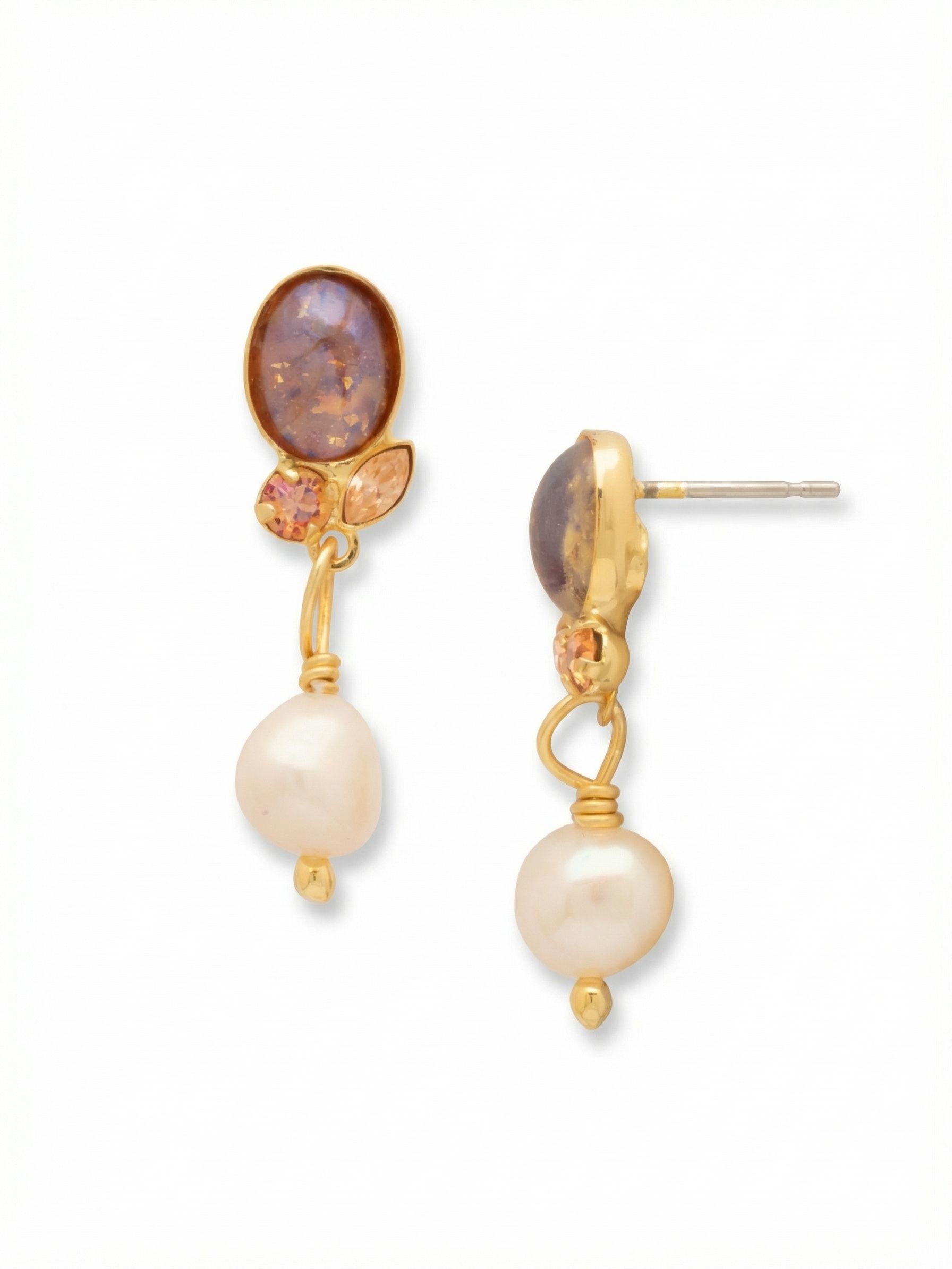 Montauk Dangle Earrings - EGE9BGMOR - <p>A richly textured oval stone anchors these post earrings, flanked by a quiet cluster of warm peach crystals that catch the light at conversation distance. From this fixed setting drops a single baroque pearl on a delicate wire loop, swaying gently with the movement of your head. The bright gold-tone setting highlights the natural luster of the pearl. Though they carry noticeable visual weight, the design stays comfortable and securely positioned all day thanks to the oversized comfort clutch backing.</p><ul>
<li>Contrasting mix of a speckled oval top stone and a smooth baroque pearl drop</li>
<li>Delicate wire-wrapped loop allows the pearl to swing freely with natural movement</li>
<li>Post with oversized comfort-clutch back</li>
<li>Protective e-coat finish for lasting wear</li>
<li>Includes signature organza pouch for gifting and travel</li>
</ul>