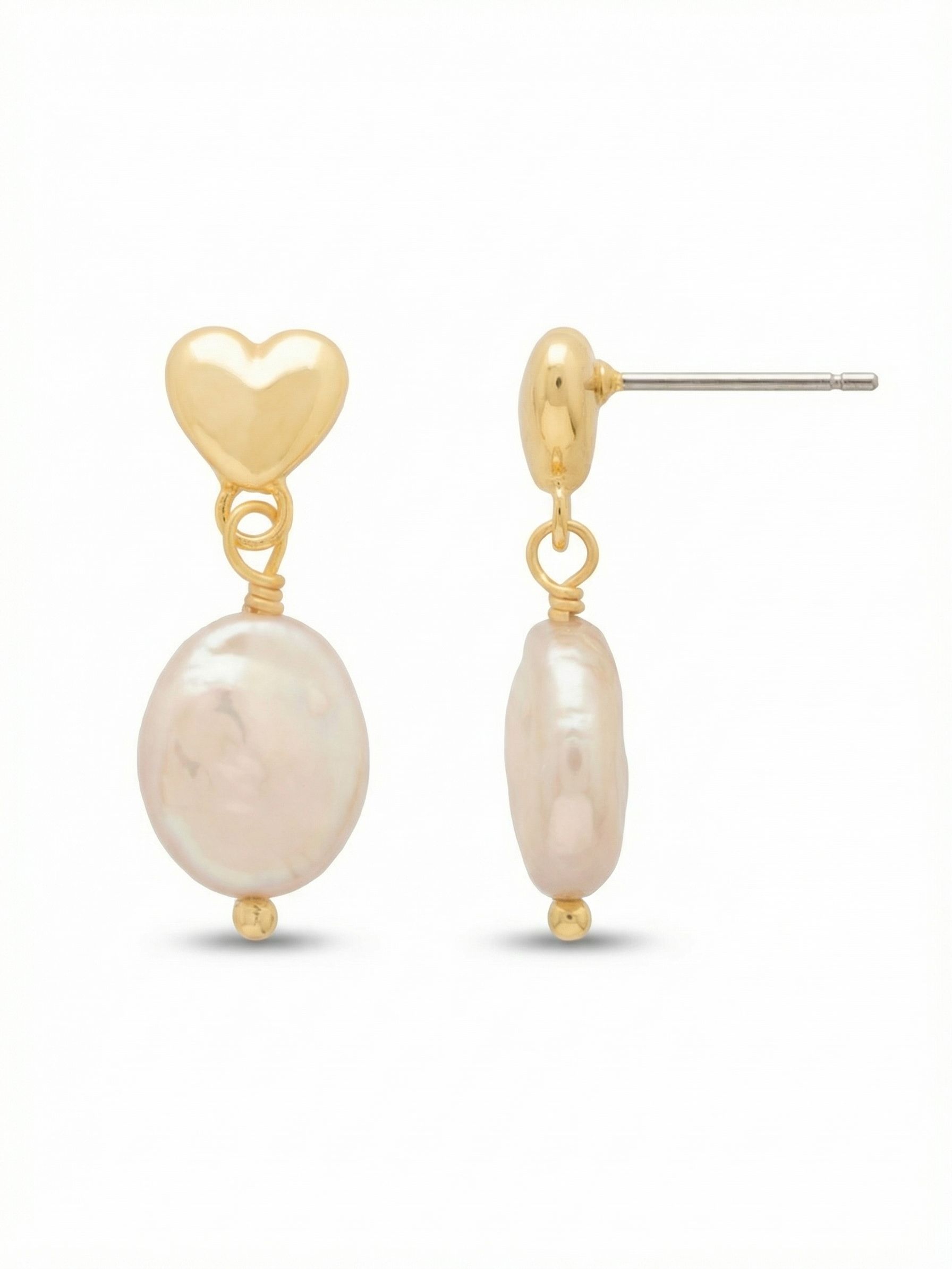 Adore Dangle Earrings - EGF4BGMDP - <p>A polished gold heart anchors this understated drop, resting securely against the ear thanks to an oversized monster back comfort clutch. Suspended just below, a single flat oval coin pearl shifts gently with your movements, its organic luster contrasting cleanly against the smooth metal. At exactly one inch long, the scale feels both purposeful and easy, bringing a subtle hint of classic texture to your daily rotation.</p><ul>
<li>Polished heart motif paired with a naturally shaped coin pearl</li>
<li>Subtle wire-wrapped detailing connects the metal to the pearl</li>
<li>Post with oversized comfort-clutch back</li>
<li>Protective e-coat finish for lasting wear</li>
<li>Includes signature organza pouch for gifting and travel</li>
</ul>