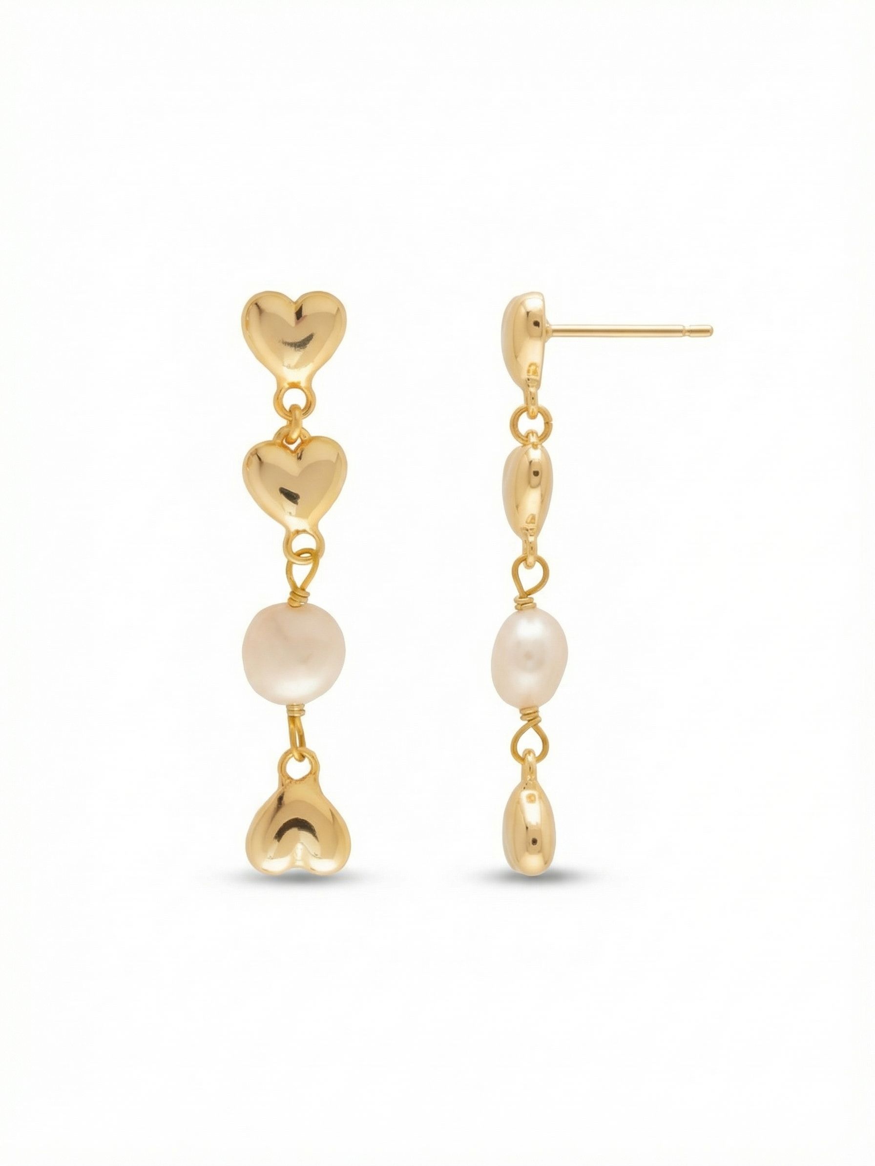 Cascade Dangle Earrings - EGF5BGMDP - <p>A delicate interplay of smooth metal and natural luster. These drop earrings link puffed gold-tone hearts with a single baroque pearl in an intentionally asymmetric arrangement. The subtle shift in the pearl's placement between the left and right sides adds a quiet modern edge to a familiar silhouette. Linked by small rings, the chain swings lightly with your movements. Finished with an oversized comfort clutch on the post, they stay securely balanced throughout the day.</p><ul>
<li>Intentionally asymmetrical arrangement shifts the pearl placement between left and right sides</li>
<li>Puffed heart charms create smooth metallic contrast against the natural baroque pearl</li>
<li>Post with oversized comfort-clutch back</li>
<li>Protective e-coat finish for lasting wear</li>
<li>Includes signature organza pouch for gifting and travel</li>
</ul>