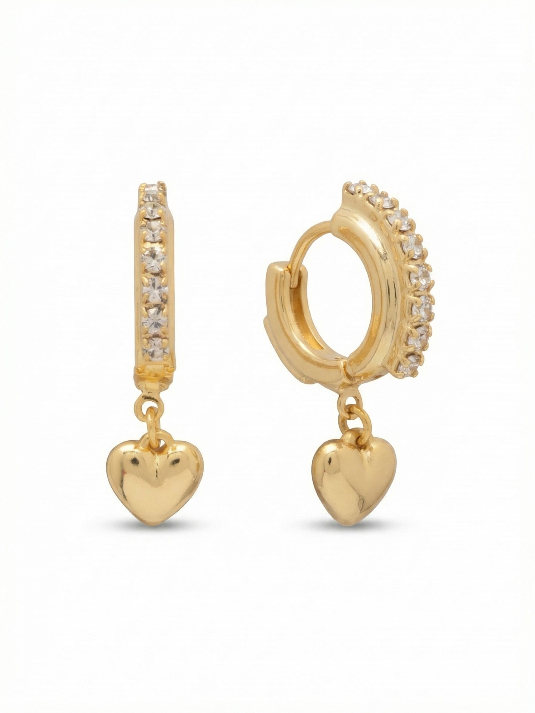 Mini Heart Embellished Huggie Hoop Earrings - EGF6BGCRY - <p>These small huggies sit closely around the ear, bringing a delicate line of crystal light right to your profile. Suspended from the base is a puffed gold-tone heart that catches the light differently than the faceted stones above it. The hinged hoop design snaps securely into place, making them an easy choice for daily wear. The smooth, solid charm moves gently as you turn your head, offering a quiet, tactile element to a classic everyday piece.</p><ul>
<li>Embedded line of faceted clear crystals along the front curve</li>
<li>Smooth puffed heart charm that swings freely</li>
<li>Hinged hoop with click-shut closure</li>
<li>Protective e-coat finish for lasting wear</li>
<li>Includes signature organza pouch for gifting and travel</li>
</ul>