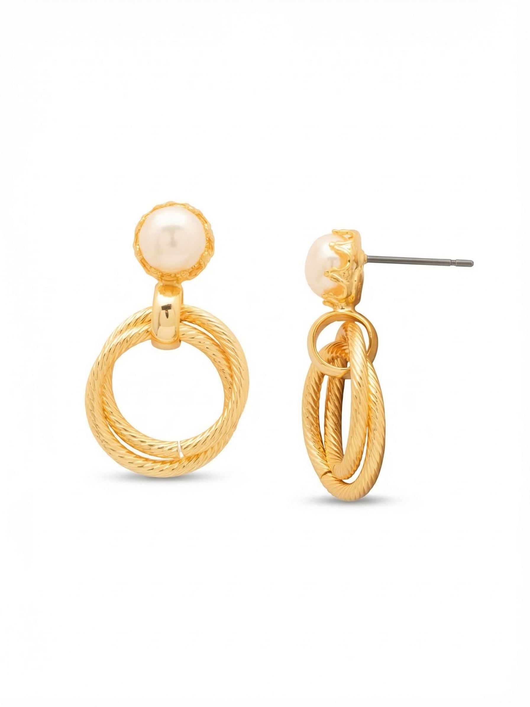 Odessa Dangle Earrings - EGI1BGMDP - <p>A single smooth white pearl anchors this architectural dangle earring. Suspended just below, two interlocking textured rings swing freely, catching the light with every turn of your head. The contrast between the soft luster of the pearl and the ribbed metal offers a modern shift on a classic silhouette. Sized for everyday wear, the structural design remains comfortable and secure thanks to the pressure-fit back holding the post firmly in place.</p><ul>
<li>Interlocking textured rings swing freely for subtle kinetic energy</li>
<li>Smooth round pearl anchored in a detailed crown setting</li>
<li>Post with oversized comfort-clutch back</li>
<li>Protective e-coat finish for lasting wear</li>
<li>Includes signature organza pouch for gifting and travel</li>
</ul>
