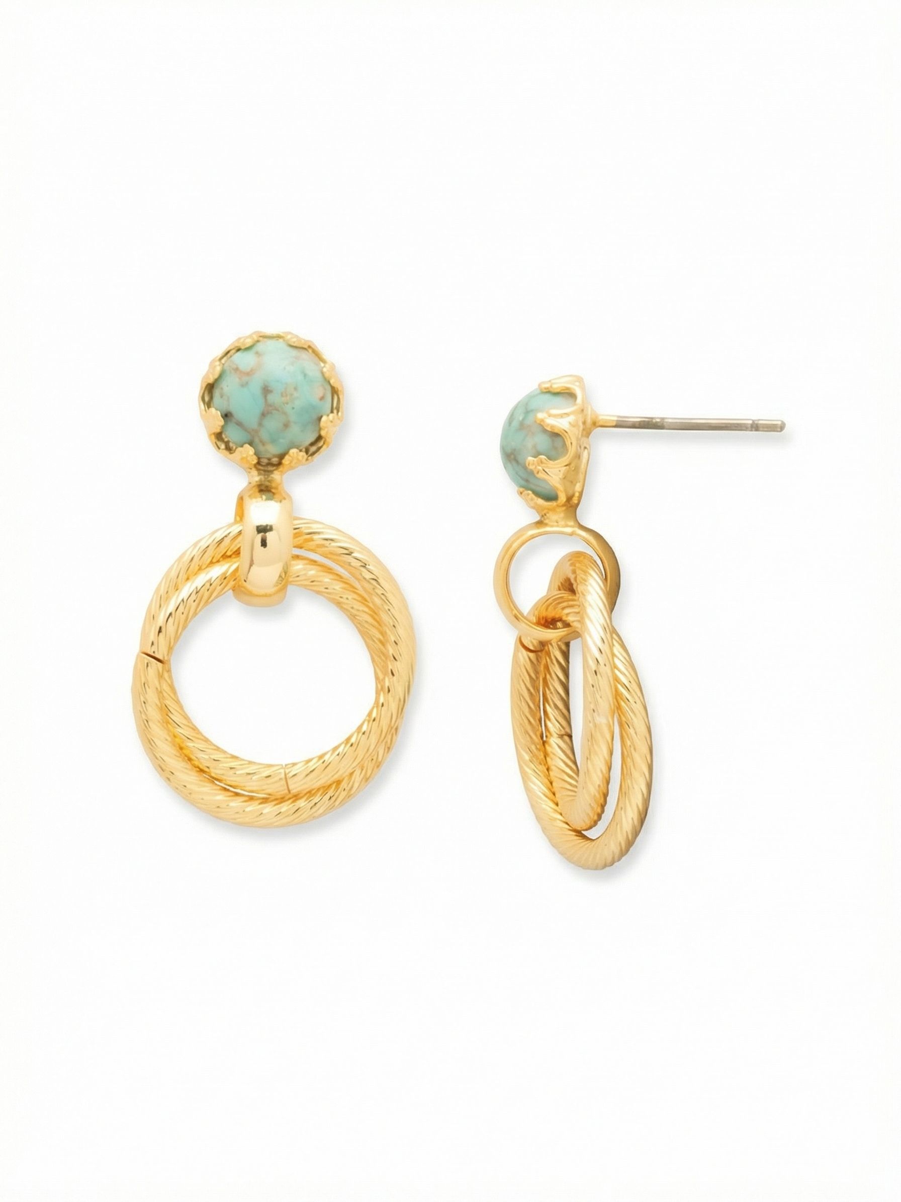 Odessa Dangle Earrings - EGI1BGTQ - <p>The Odessa features a polished round stone suspended from two interlocking, textured hoops. Its secure post-back design provides a sophisticated silhouette with subtle movement. From Sorrelli's Turquoise collection in our Bright Gold-tone finish.</p>
