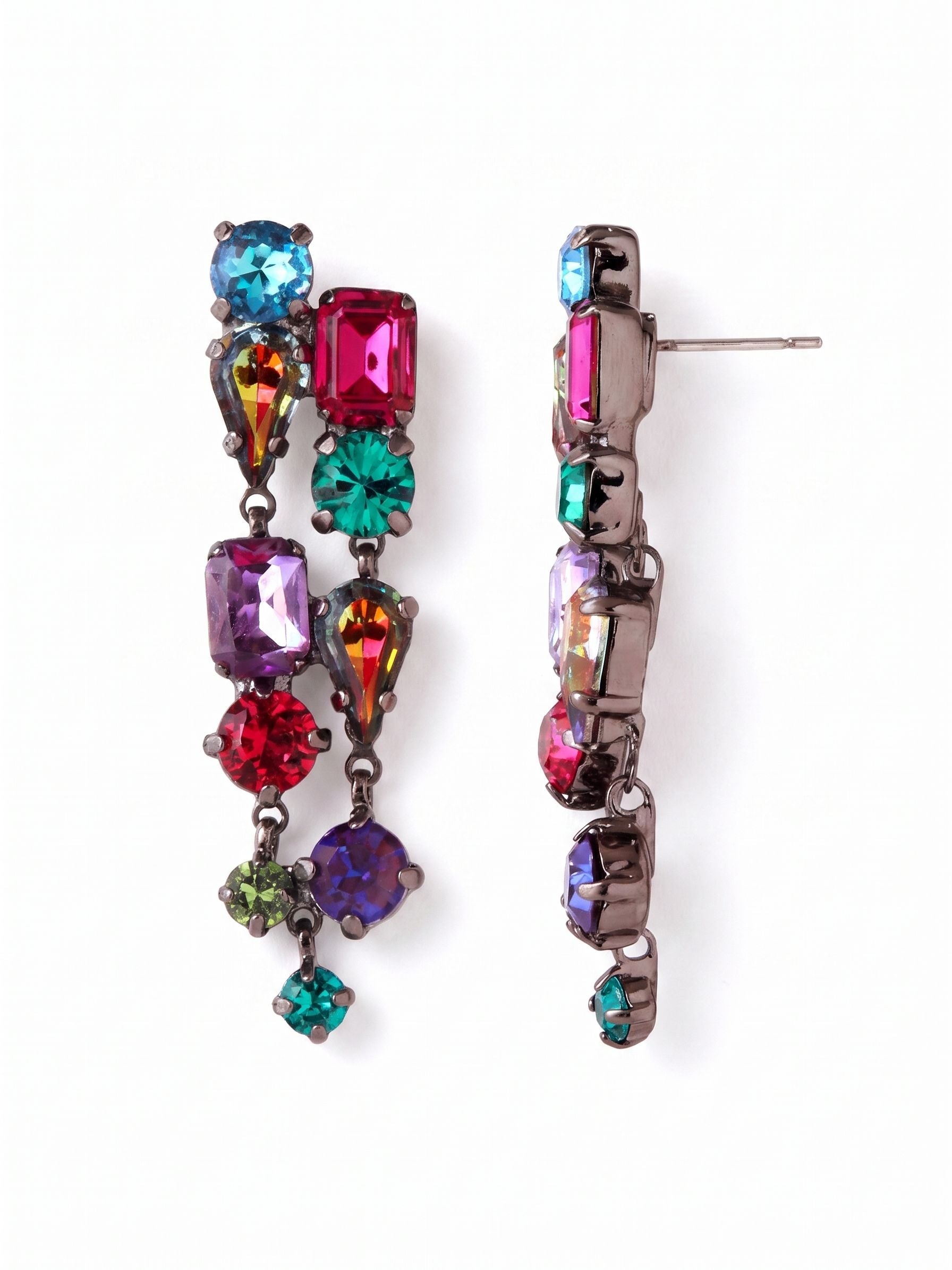 Moxie Statement Earrings - EGI77GMNNI - <p>Set against dark gunmetal, this two-inch statement post arranges vibrantly colored crystals into a staggered, articulated column. The mix of emerald, pear, and round cuts catches the light from different angles as the lower stones sway with your natural movement. Bold jewel tones stand out clearly against darker hair or evening wear. To keep the extended length balanced and secure all day, these earrings include an oversized pressure-fit comfort back.</p><ul>
<li>Staggered column design mixing emerald, pear, and round-cut crystals</li>
<li>Articulated lower segments create gentle movement when worn</li>
<li>Post with oversized comfort-clutch back</li>
<li>Includes organza pouch for gifting and travel</li>
</ul>