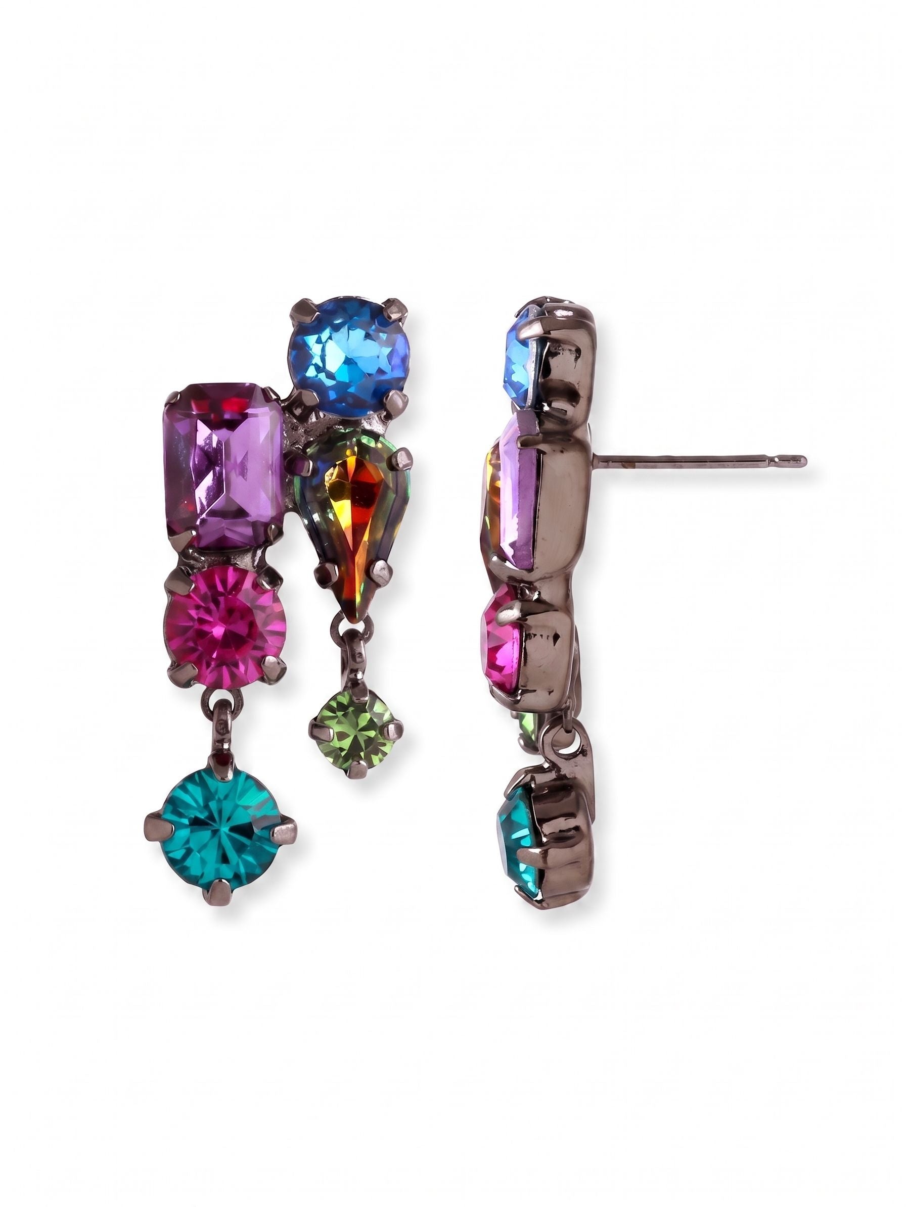 Moxie Dangle Earrings - EGI7GMNNI - <p>Rich jewel tones come together in an asymmetric cluster that catches light from every angle. Emerald-cut tanzanite and pear-cut crystal anchor the top design, while two articulated rounds swing freely with your natural movement. The dark gunmetal setting creates a grounded backdrop that allows the vivid fuchsia and blue zircon crystals to read clearly. Designed as a post style, an oversized comfort clutch holds the varied shapes securely upright throughout the day.</p><ul>
<li>Asymmetric cluster design blending emerald, pear, and round crystal cuts</li>
<li>Articulated lower drops create subtle kinetic movement</li>
<li>Post with oversized comfort-clutch back</li>
<li>Includes organza pouch for gifting and travel</li>
</ul>