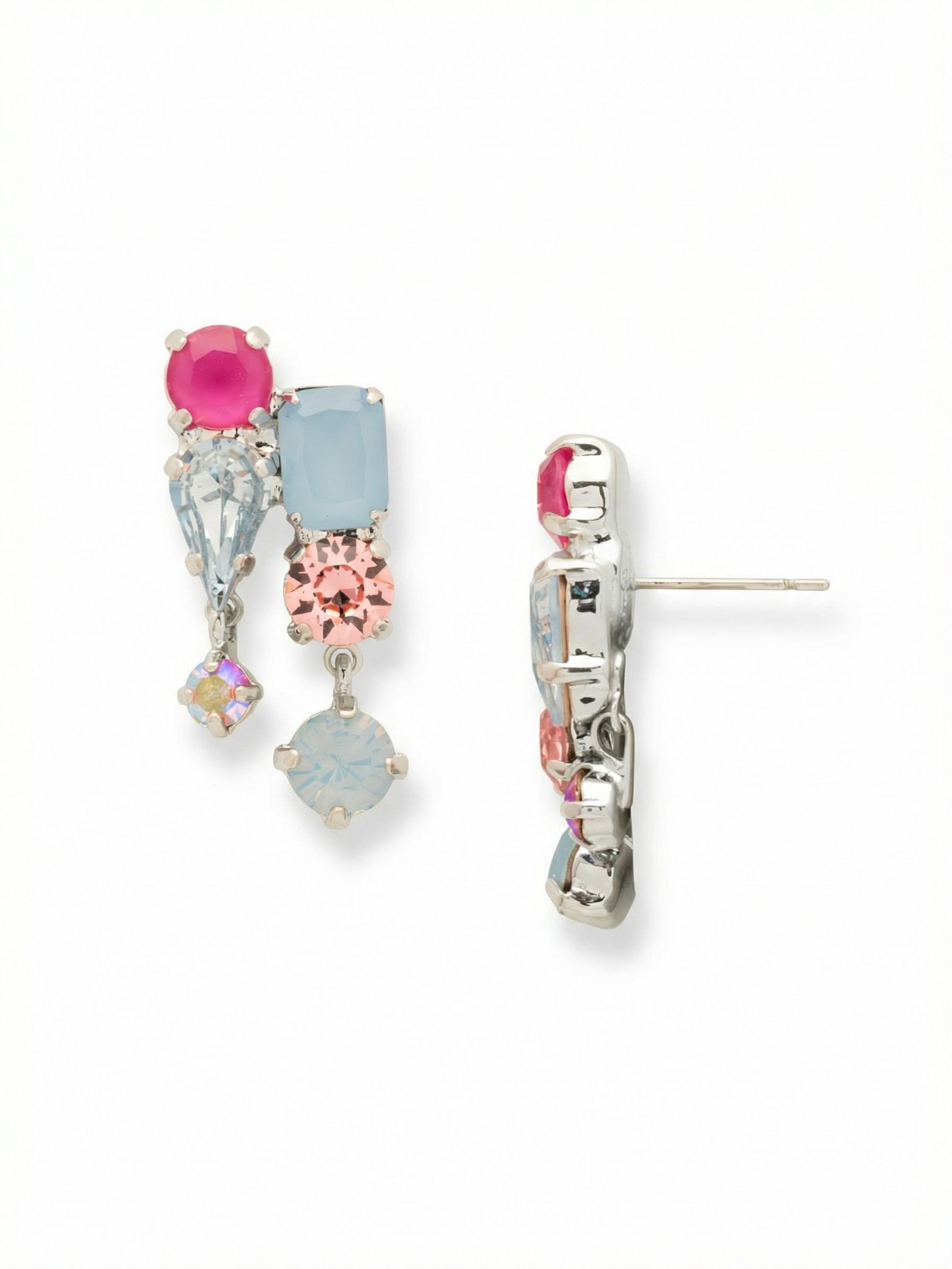 Moxie Dangle Earrings - EGI7PDPBZ - <p>These mixed-cut earrings bring a deliberate, architectural weight to your look. A tight cluster of emerald and pear shaped crystals creates a solid anchor, while independent round drops catch the light with every tilt of your head. The interplay of vibrant peony pink and soft air blue opal gives the arrangement a fresh, unexpected contrast. Though substantial in their visual presence, the included oversized comfort backs keep these post earrings secure and perfectly balanced throughout your day.</p><ul>
<li>Architectural cluster of pear, emerald, and round crystals</li>
<li>Dual independent drops that swing naturally in motion</li>
<li>Post with oversized comfort-clutch back</li>
<li>Protective e-coat finish for lasting wear</li>
<li>Includes signature organza pouch for gifting and travel</li>
</ul>