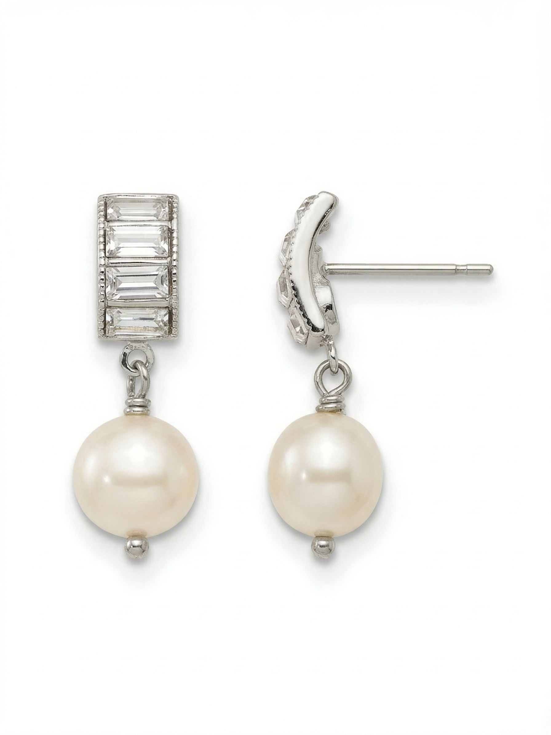 Cressida Dangle Earrings - EGJ12PDCRY - <p>A gentle curve of clear baguette crystals catches the light closely against the ear, grounding a single pearl that swings gently beneath. The Cressida balances clean architectural lines with classic softness, bringing subtle movement to your daily routine. At just an inch long, the proportion is refined and intentional. A secure post paired with an oversized comfort clutch ensures the geometric crystal setting stays perfectly upright, keeping the earrings balanced and comfortable all day.</p><ul>
<li>Curved vertical row of step-cut baguette crystals</li>
<li>Clean architectural lines contrasted by a soft pearl drop</li>
<li>Post with oversized comfort-clutch back</li>
<li>Protective e-coat finish for lasting wear</li>
<li>Includes signature organza pouch for gifting and travel</li>
</ul>