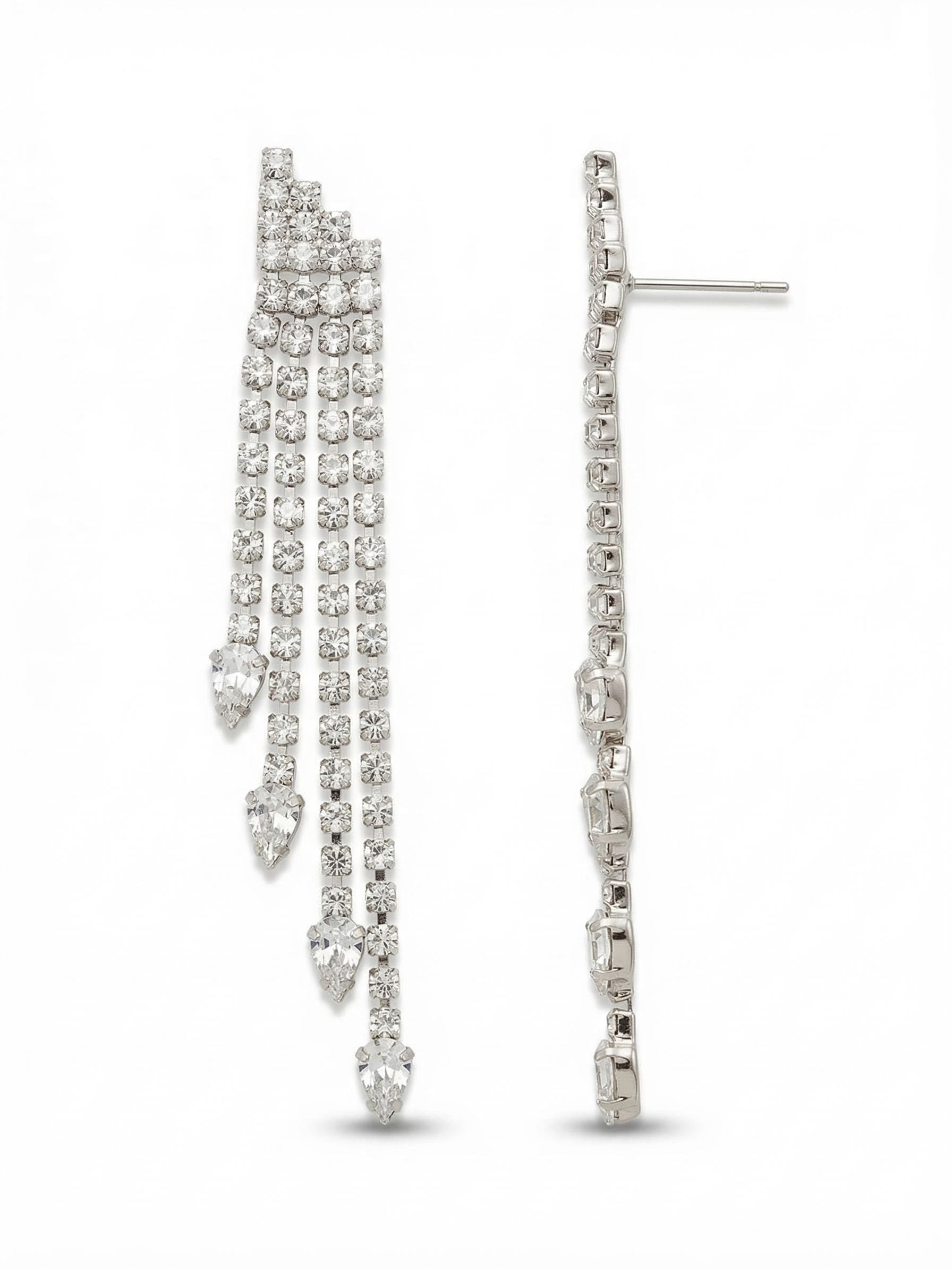 Dallas Statement Earrings - EGJ1PDCRY - <p>Four distinct strands of rhinestone chain fall from a structured setting, creating a cascade that catches the light with every step. The staggered lengths are anchored by weighted pear-cut crystals, giving the fringe an intentional sway rather than a chaotic tangle. At nearly three inches long, the scale commands attention in any room. To keep the profile flush and comfortable all evening, the post setting includes an oversized comfort clutch that balances the weight flawlessly.</p><ul>
<li>Staggered strands of flexible rhinestone chain create fluid movement</li>
<li>Pear-cut crystals anchor the base of each falling strand</li>
<li>Post with oversized comfort-clutch back</li>
<li>Protective e-coat finish for lasting wear</li>
<li>Includes signature organza pouch for gifting and travel</li>
</ul>