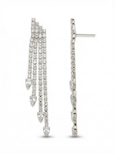 Dallas Statement Earrings - EGJ1PDCRY - <p>Four distinct strands of rhinestone chain fall from a structured setting, creating a cascade that catches the light with every step. The staggered lengths are anchored by weighted pear-cut crystals, giving the fringe an intentional sway rather than a chaotic tangle. At nearly three inches long, the scale commands attention in any room. To keep the profile flush and comfortable all evening, the post setting includes an oversized comfort clutch that balances the weight flawlessly.</p><ul>
<li>Staggered strands of flexible rhinestone chain create fluid movement</li>
<li>Pear-cut crystals anchor the base of each falling strand</li>
<li>Post with oversized comfort-clutch back</li>
<li>Protective e-coat finish for lasting wear</li>
<li>Includes signature organza pouch for gifting and travel</li>
</ul>
