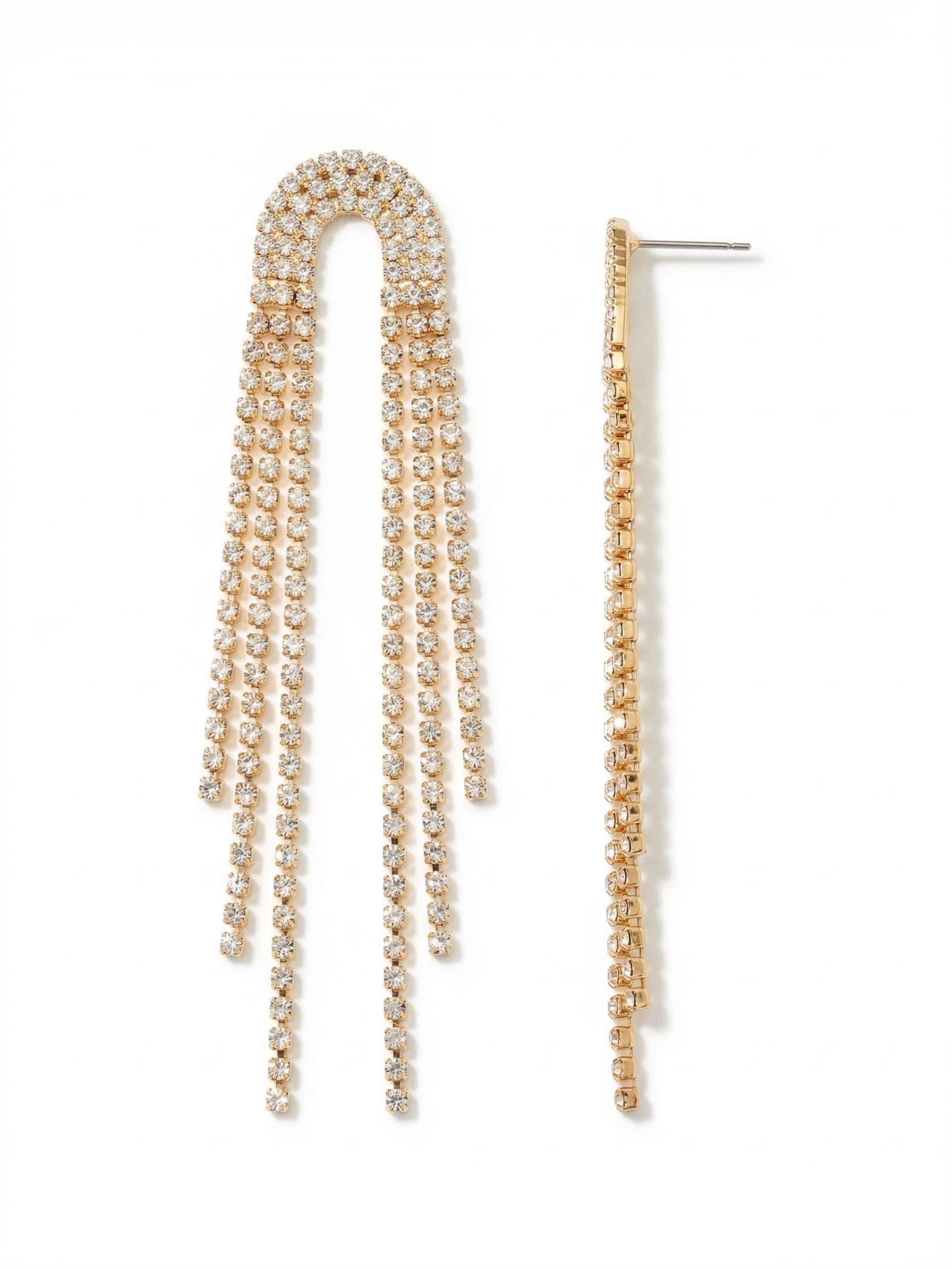 Arlyn Statement Earrings - EGJ2BGCRY - <p>These nearly four-inch drops bring fluid, uninterrupted movement to your neckline. Built from parallel strands of bright crystal rhinestone chain, the design forms a structured arch at the post before releasing into loose, cascading fringe that catches light with every turn of your head. Because a piece with this much presence needs proper support, the included oversized comfort clutch keeps the earrings sitting perfectly upright and secure all evening.</p><ul>
<li>Structured arch silhouette built from parallel rhinestone chains</li>
<li>Staggered fringe lengths designed for continuous fluid movement</li>
<li>Post with oversized comfort-clutch back</li>
<li>Protective e-coat finish for lasting wear</li>
<li>Includes signature organza pouch for gifting and travel</li>
</ul>