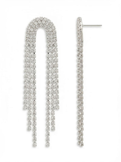 Arlyn Statement Earrings - EGJ2PDCRY - <p>Four unbroken lines of rhinestone chain form a structured arch at the post before descending into a fluid crystal fringe. At nearly four inches long, these earrings catch the light with every subtle movement. The flexible cup chain construction gives the cascade a liquid quality that sways effortlessly as you walk. To keep this generous length comfortably balanced, each post is secured with an oversized comfort clutch for hours of secure wear.</p><ul>
<li>Structured arch design transitioning into flowing crystal chain fringe</li>
<li>Four parallel strands of articulated cup chain for continuous light reflection</li>
<li>Post with oversized comfort-clutch back</li>
<li>Protective e-coat finish for lasting wear</li>
<li>Includes signature organza pouch for gifting and travel</li>
</ul>
