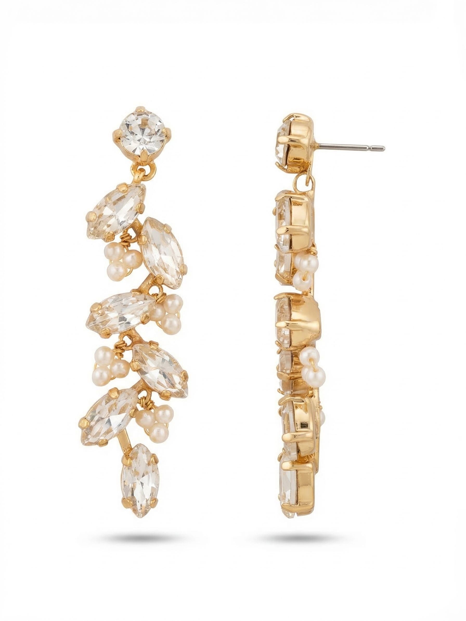 Hyacinth Statement Earrings - EGJ6BGMDP - <p>A single round crystal anchors this cascading earring, giving way to an articulated drop of marquise stones and tightly clustered accents. The elongated cut of the clear crystals draws light downward, creating an active, vine-like movement as you walk. At over two inches long, the piece carries substantial presence but remains fully balanced. The post closure relies on an oversized comfort back, ensuring the weight is distributed evenly for secure wear from morning until evening. The bright gold-tone setting brings a warm contrast to the transparent stones.</p><ul>
<li>Articulated cascade of clear marquise crystals and tight cluster accents</li>
<li>Vine-like silhouette creates continuous light reflection during movement</li>
<li>Post with oversized comfort-clutch back</li>
<li>Protective e-coat finish for lasting wear</li>
<li>Includes signature organza pouch for gifting and travel</li>
</ul>