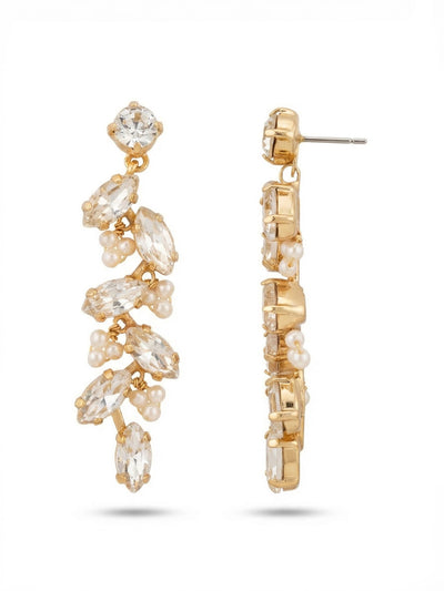 Hyacinth Statement Earrings - EGJ6BGMDP - <p>A single round crystal anchors this cascading earring, giving way to an articulated drop of marquise stones and tightly clustered accents. The elongated cut of the clear crystals draws light downward, creating an active, vine-like movement as you walk. At over two inches long, the piece carries substantial presence but remains fully balanced. The post closure relies on an oversized comfort back, ensuring the weight is distributed evenly for secure wear from morning until evening. The bright gold-tone setting brings a warm contrast to the transparent stones.</p><ul>
<li>Articulated cascade of clear marquise crystals and tight cluster accents</li>
<li>Vine-like silhouette creates continuous light reflection during movement</li>
<li>Post with oversized comfort-clutch back</li>
<li>Protective e-coat finish for lasting wear</li>
<li>Includes signature organza pouch for gifting and travel</li>
</ul>