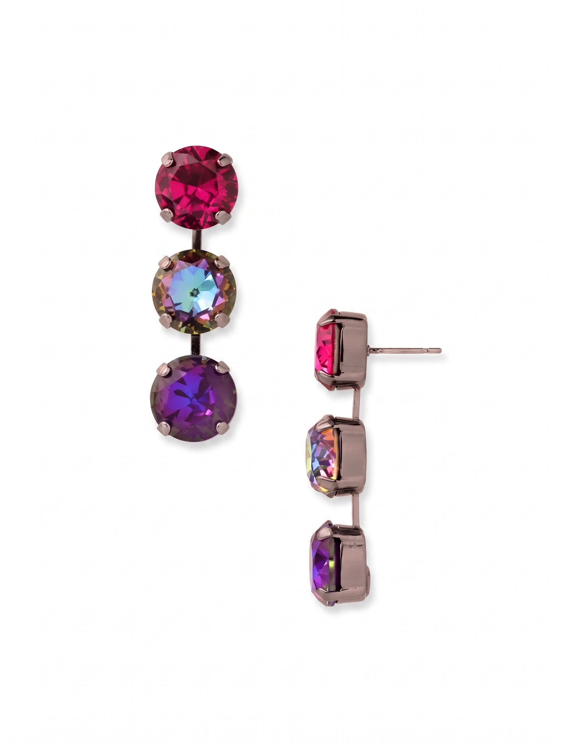 Mara Triple Dangle Earrings - EGK2GMNNI - <p>Three bold, round crystals stack vertically in a clean line that swings with your natural movement. The dark metal setting anchors the saturated shades of burgundy, iridescent volcano, and bright fuchsia. While these drops offer significant scale and vibrant color, the post closure and oversized comfort back keep them securely positioned and easy to wear all day. They bring a sharp, colorful geometry to a simple dark sweater or a tailored jacket.</p><ul>
<li>Three vibrant round crystals arranged in a sleek linear drop</li>
<li>Articulated channel setting allows each stone to move independently</li>
<li>Post with oversized comfort-clutch back</li>
<li>Includes signature organza pouch for gifting and travel</li>
</ul>