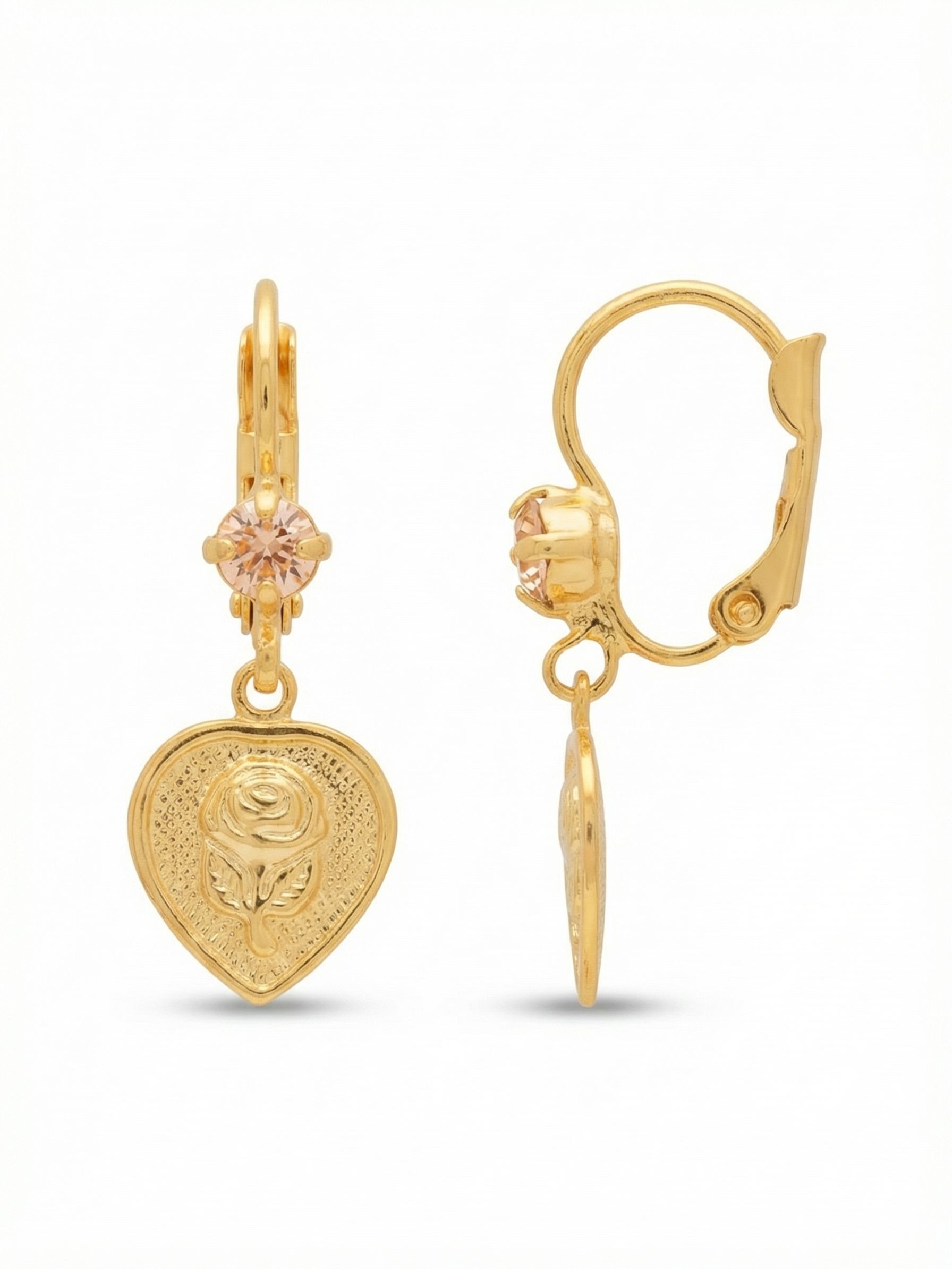 Rosie Dangle Earrings - EGK3BGSIL - <p>A soft interplay of texture and warm metal, this earring balances a single pale peach crystal above a detailed botanical drop. The embossed rose pendant catches the light as it sways gently with your movement. Designed with a secure hinged closure that clicks into place, it offers a reliable, comfortable fit.</p><ul>
<li>Embossed rose motif on a solid metal heart pendant</li>
<li>Subtle contrast between the faceted crystal and textured metal</li>
<li>Hook drop for easy, lightweight wear</li>
<li>Protective e-coat finish for lasting wear</li>
<li>Includes signature organza pouch for gifting and travel</li>
</ul>