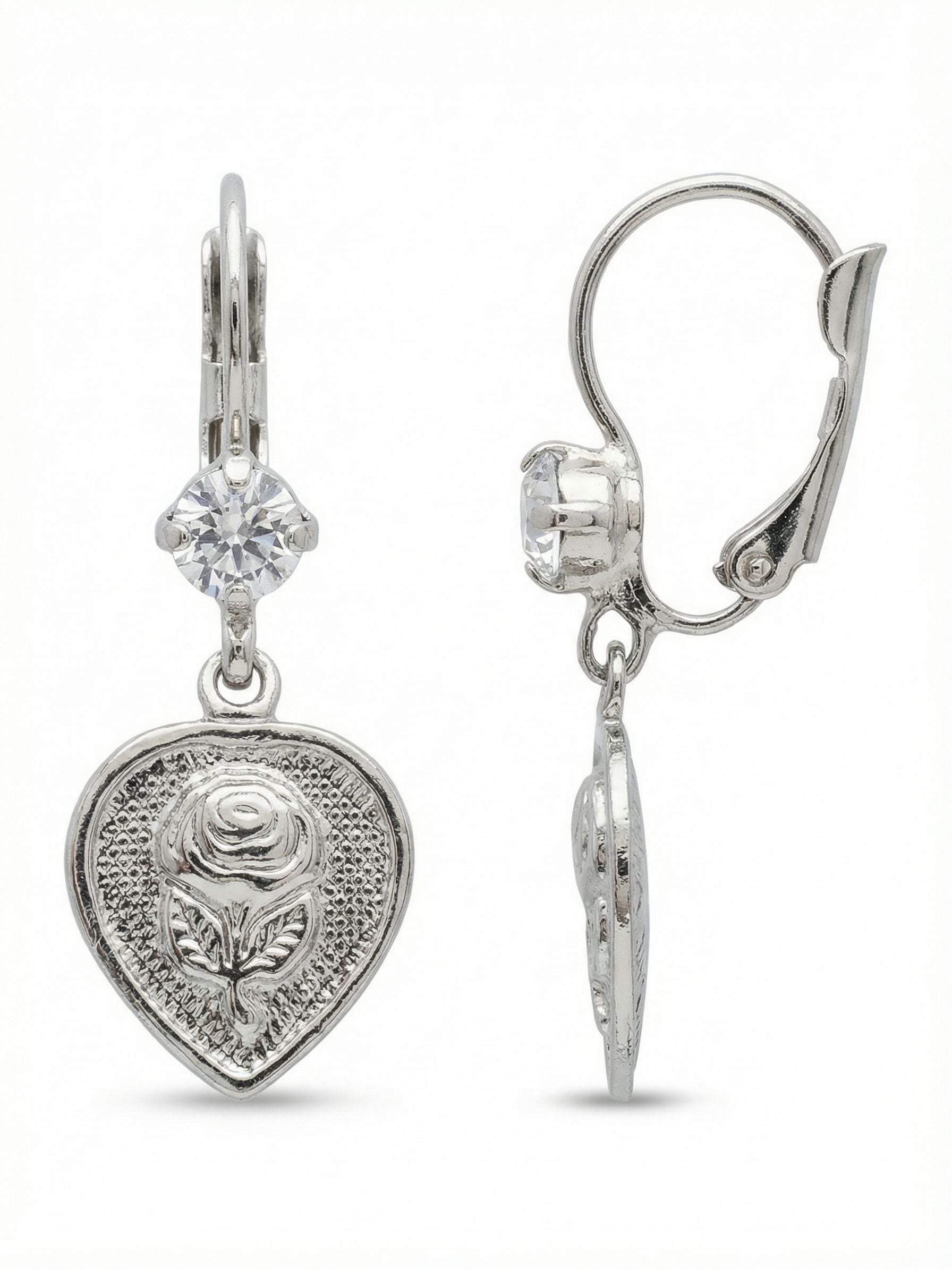 Rosie Dangle Earrings - EGK3PDCRY - <p>A single bright crystal anchors these drop earrings, suspending a textured metal teardrop stamped with a delicate rose motif. The etched detailing catches the light as you move, offering a quiet nod to classic metalwork. With a secure hinged back, this lightweight design swings freely and stays comfortably in place from morning to night.</p><ul>
<li>Delicate rose motif set against a textured metal background</li>
<li>Single round crystal adds a point of light above the drop</li>
<li>Hook drop for easy, lightweight wear</li>
<li>Protective e-coat finish for lasting wear</li>
<li>Includes signature organza pouch for gifting and travel</li>
</ul>