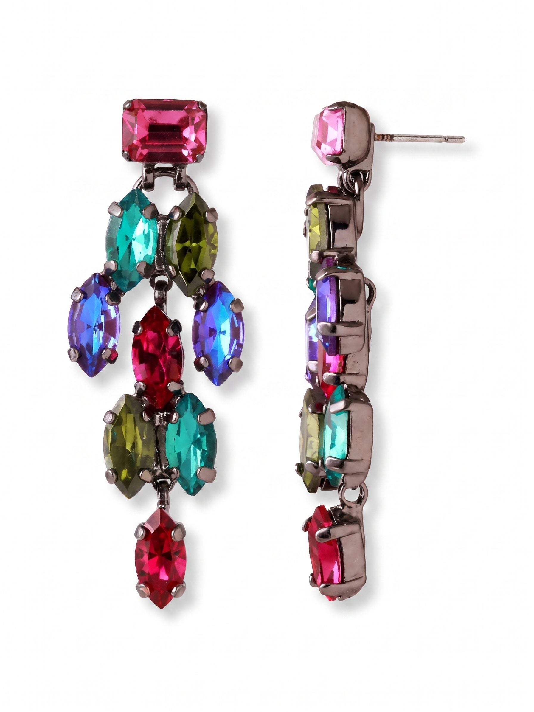 Clari Statement Earrings - EGK5GMNNI - <p>A distinct fuchsia emerald-cut crystal anchors the design at the post, giving way to an articulated cascade of jewel-toned marquise stones. The dark gunmetal setting creates a deep contrast that brings out the vibrant blue zircon, olivene, and rich burgundy hues. Measuring two inches in length, this statement piece offers fluid movement to catch the light as you turn your head. An oversized comfort clutch ensures the substantial silhouette remains secure and perfectly balanced throughout the day.</p><ul>
<li>Articulated cascade of marquise crystals designed for constant fluid movement</li>
<li>Contrasting mix of bright jewel tones anchored by a geometric top stone</li>
<li>Post with oversized comfort-clutch back</li>
<li>Includes organza pouch for gifting and travel</li>
</ul>
