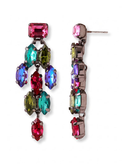 Clari Statement Earrings - EGK5GMNNI - <p>A distinct fuchsia emerald-cut crystal anchors the design at the post, giving way to an articulated cascade of jewel-toned marquise stones. The dark gunmetal setting creates a deep contrast that brings out the vibrant blue zircon, olivene, and rich burgundy hues. Measuring two inches in length, this statement piece offers fluid movement to catch the light as you turn your head. An oversized comfort clutch ensures the substantial silhouette remains secure and perfectly balanced throughout the day.</p><ul>
<li>Articulated cascade of marquise crystals designed for constant fluid movement</li>
<li>Contrasting mix of bright jewel tones anchored by a geometric top stone</li>
<li>Post with oversized comfort-clutch back</li>
<li>Includes organza pouch for gifting and travel</li>
</ul>