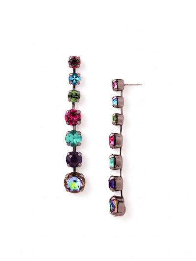 Romilly Statement Earrings - EGL1GMNNI - <p>Seven distinct round-cut crystals cascade in a straight line, growing gradually larger to anchor at a shifting, iridescent base stone. The deep jewel tones bring a moody vibrancy that catches light from multiple angles. Measuring two and a half inches, this linear silhouette creates steady movement with every turn of the head. To keep the piece perfectly aligned, the post secures with an oversized comfort back, ensuring the long drop stays steady and wearable from morning to evening.</p><ul>
<li>Graduated linear silhouette that increases in crystal scale</li>
<li>Seven distinct jewel-toned crystal varieties in a flexible channel chain</li>
<li>Post with oversized comfort-clutch back</li>
<li>Includes signature organza pouch for gifting and travel</li>
</ul>