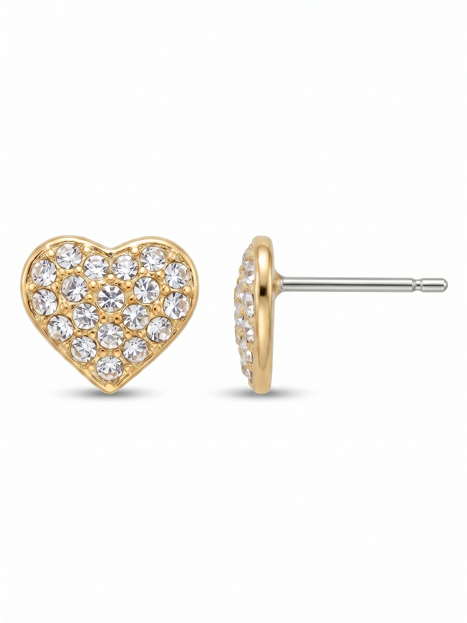 Mini Pave Heart Stud Earrings - ESP72BGCRY - <p>A delicate approach to the classic heart motif. At just a quarter inch wide, these studs offer a subtle glimmer of clear crystal pave framed in a polished metallic setting. They read as a gentle catch of light from a distance and reveal their precise shape up close. The fine scale makes them an easy choice for daily wear, while our signature oversized comfort back ensures each stud sits perfectly upright and secure from morning to night.</p><ul>
<li>Finely scaled clear crystal pave for continuous light reflection</li>
<li>Smooth metallic rim framing a defined heart silhouette</li>
<li>Post with oversized comfort-clutch back</li>
<li>Protective e-coat finish for lasting wear</li>
<li>Includes signature organza pouch for gifting and travel</li>
</ul>