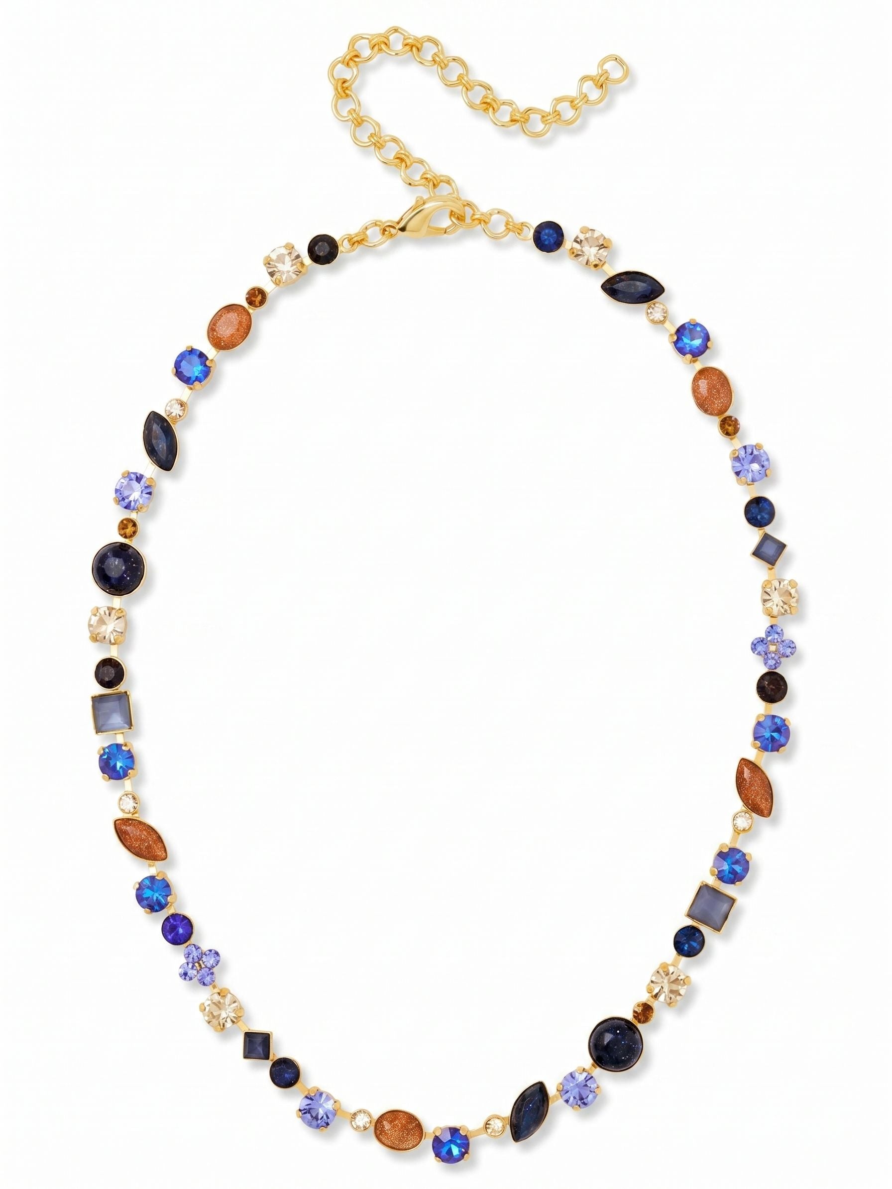 Classic Tee-Shirt Tennis Necklace - NAQ3BGDNM - <p>This mixed-shape tennis necklace reimagines the standard line of crystals into an eclectic, highly wearable piece. Deep, opaque blues from lapis and sodalite contrast with the faceted sparkle of warm sunstone and golden shadow crystals, creating a subtle visual rhythm along the collarbone. The flexible kette chain construction allows the stones to drape naturally and follow your movements throughout the day. With an adjustable length to dial in the exact drop, it brings a considered touch of color to a simple cotton tee or an open collar.</p><ul>
<li>Eclectic rhythm of square, oval, marquise, and round stones</li>
<li>Textural contrast between opaque lapis and faceted crystal elements</li>
<li>Lobster claw clasp</li>
<li>4-inch adjustable extension chain</li>
<li>Protective e-coat finish for lasting wear</li>
<li>Includes signature organza pouch for gifting and travel</li>
</ul>