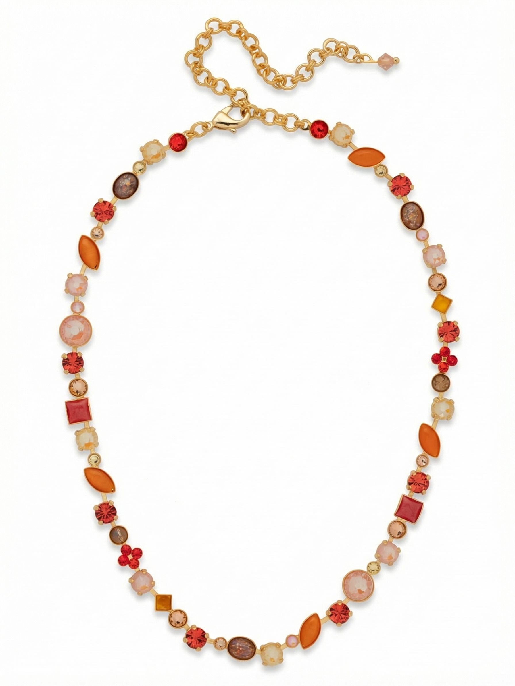 Classic Tee-Shirt Tennis Necklace - NAQ3BGMOR - <p>A dynamic line of color for the collarbone. This tennis necklace incorporates fifteen different crystal varieties, creating an unpredictable rhythm of square, round, oval, and marquise cuts. Soft peach, rich hyacinth, and smooth orange cat's eye stones transition along a fluid chain, reflecting warm light upward. The weight is balanced to drape naturally in motion, while an adjustable extension allows you to tailor the drop to suit your neckline. It brings a considered, handcrafted finish to everyday layers.</p><ul>
<li>Unpredictable rhythm of square, round, oval, and marquise stones</li>
<li>Warm palette mixing fifteen distinct crystal and cat's eye varieties</li>
<li>Lobster claw clasp</li>
<li>4-inch adjustable extension chain</li>
<li>Protective e-coat finish for lasting wear</li>
<li>Includes signature organza pouch for gifting and travel</li>
</ul>