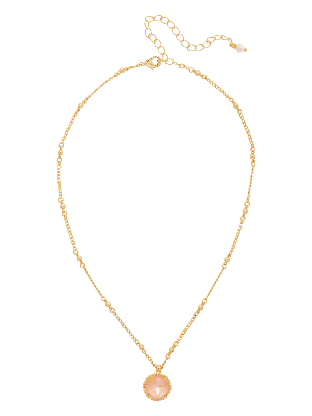 Cushion-Cut Pendant Necklace - NDS50BGPD - <p>Elevate your jewelry collection with this artisanally handcrafted pendant necklace. The solitaire 12mm cushion cut crystal is surrounded by a beautifully scalloped edge, creating a unique and eye-catching design. The little ball details along the chain add a touch of character. This adjustable necklace features a 16 inch chain with a 4 inch extension, complete with a delicate charm, for a versatile fit. Whether you're looking for a special gift or a treat for yourself, this handcrafted necklace is a stylish and timeless choice. From Sorrelli's Peach Delite collection in our Bright Gold-tone finish.</p>