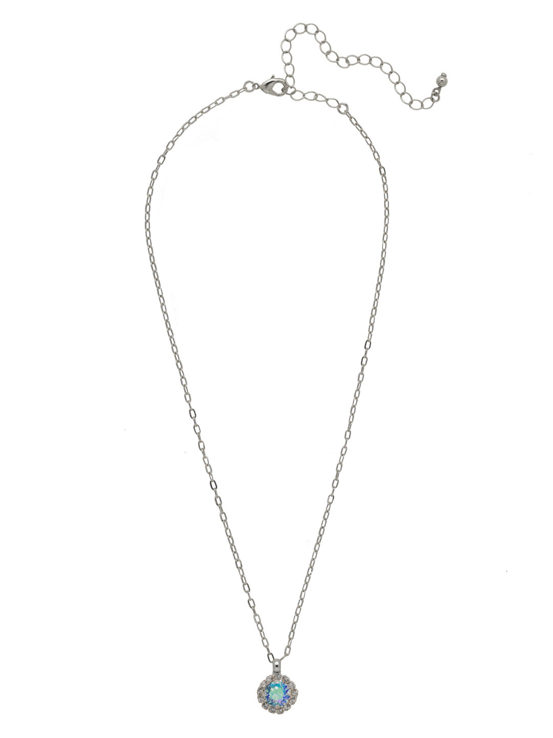 Haute Halo Pendant Necklace - NEX10PDAQA - <p>A single halo set round crystal hangs from a delicate adjustable chain. From Sorrelli's Aqua Aurora Borealis collection in our Palladium finish.</p>
