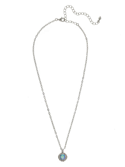Haute Halo Pendant Necklace - NEX10PDAQA - <p>A single halo set round crystal hangs from a delicate adjustable chain. From Sorrelli's Aqua Aurora Borealis collection in our Palladium finish.</p>