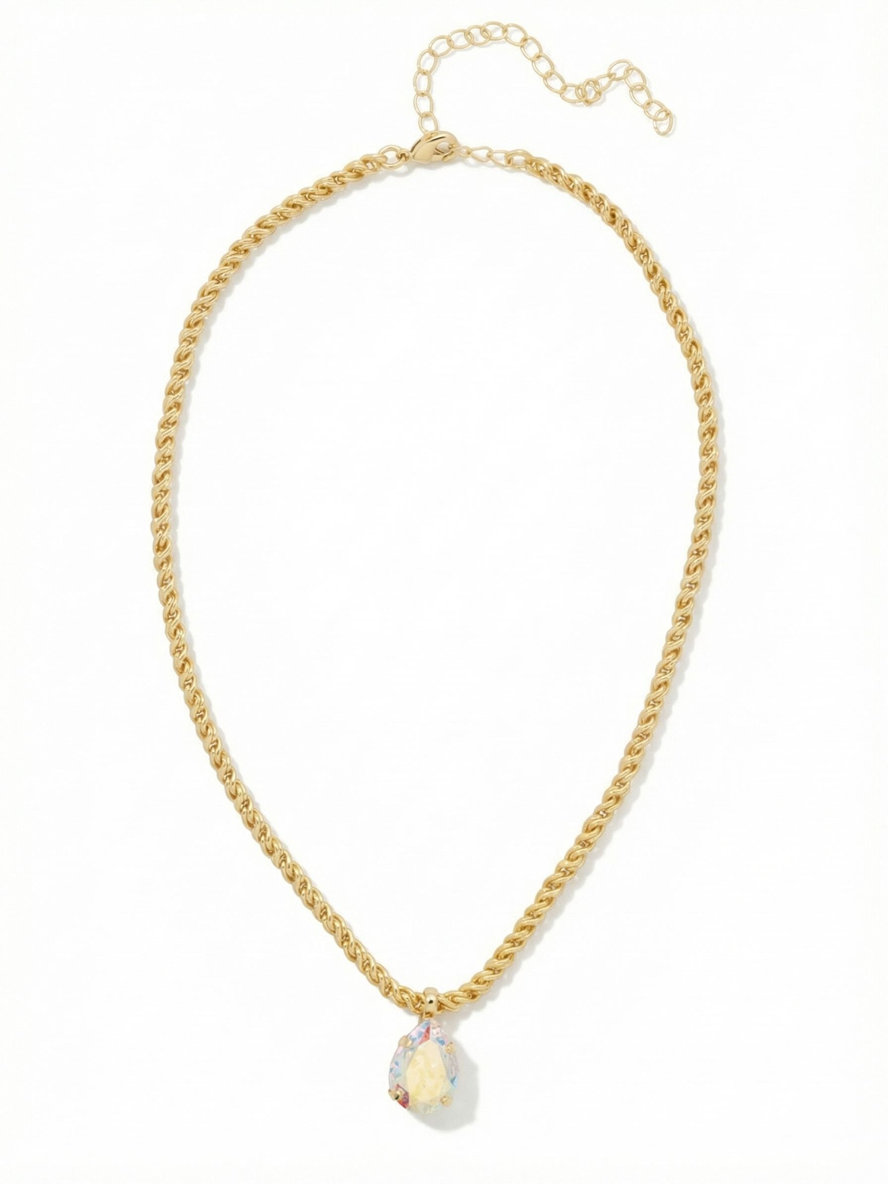Eileen Pendant Necklace - NFF10BGCAB - <p>A single pear-cut crystal takes focus on a substantial twisted rope chain. The iridescent stone shifts in color with the light, offering a subtle focal point that feels both considered and easy to wear. The weight of the chain ensures a steady drape, while the built-in extension lets you adjust the drop to suit your neckline. It acts as an anchor for layered necklaces or stands perfectly well on its own for quiet daily wear.</p><ul>
<li>Substantial twisted rope chain construction</li>
<li>Oversized iridescent pear-cut crystal pendant</li>
<li>Lobster claw clasp</li>
<li>4-inch adjustable extension chain</li>
<li>Protective e-coat finish for lasting wear</li>
<li>Includes signature organza pouch for gifting and travel</li>
</ul>