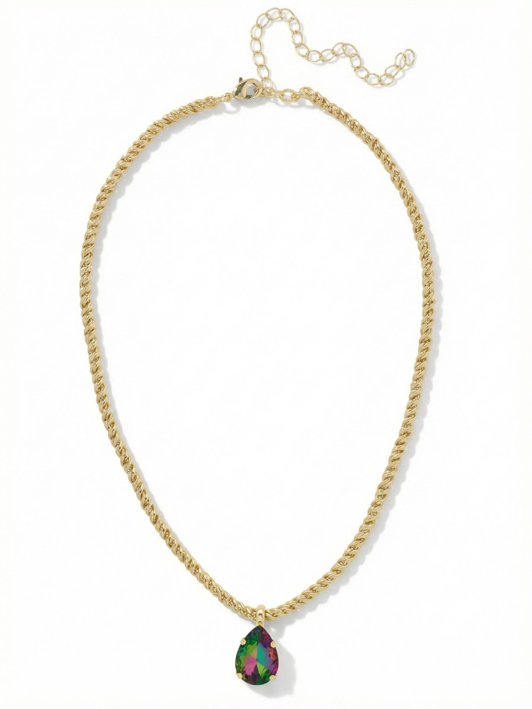 Eileen Pendant Necklace - NFF10BGVO - <p>A single pear-cut crystal anchors this necklace, suspended from a substantial gold-tone rope chain. The twisted links provide a tactile weight that drapes cleanly along the collarbone. In the light, the multidimensional stone shifts through deep greens and vivid magentas. The built-in extension chain allows you to easily adjust the drop, letting the pendant rest exactly where you want it against an open collar or a high neckline.</p><ul>
<li>Substantial rope chain with a tactile twisted construction</li>
<li>Large pear-cut crystal that flashes multiple colors in the light</li>
<li>Lobster claw clasp</li>
<li>4-inch adjustable extension chain</li>
<li>Protective e-coat finish for lasting wear</li>
<li>Includes signature organza pouch for gifting and travel</li>
</ul>