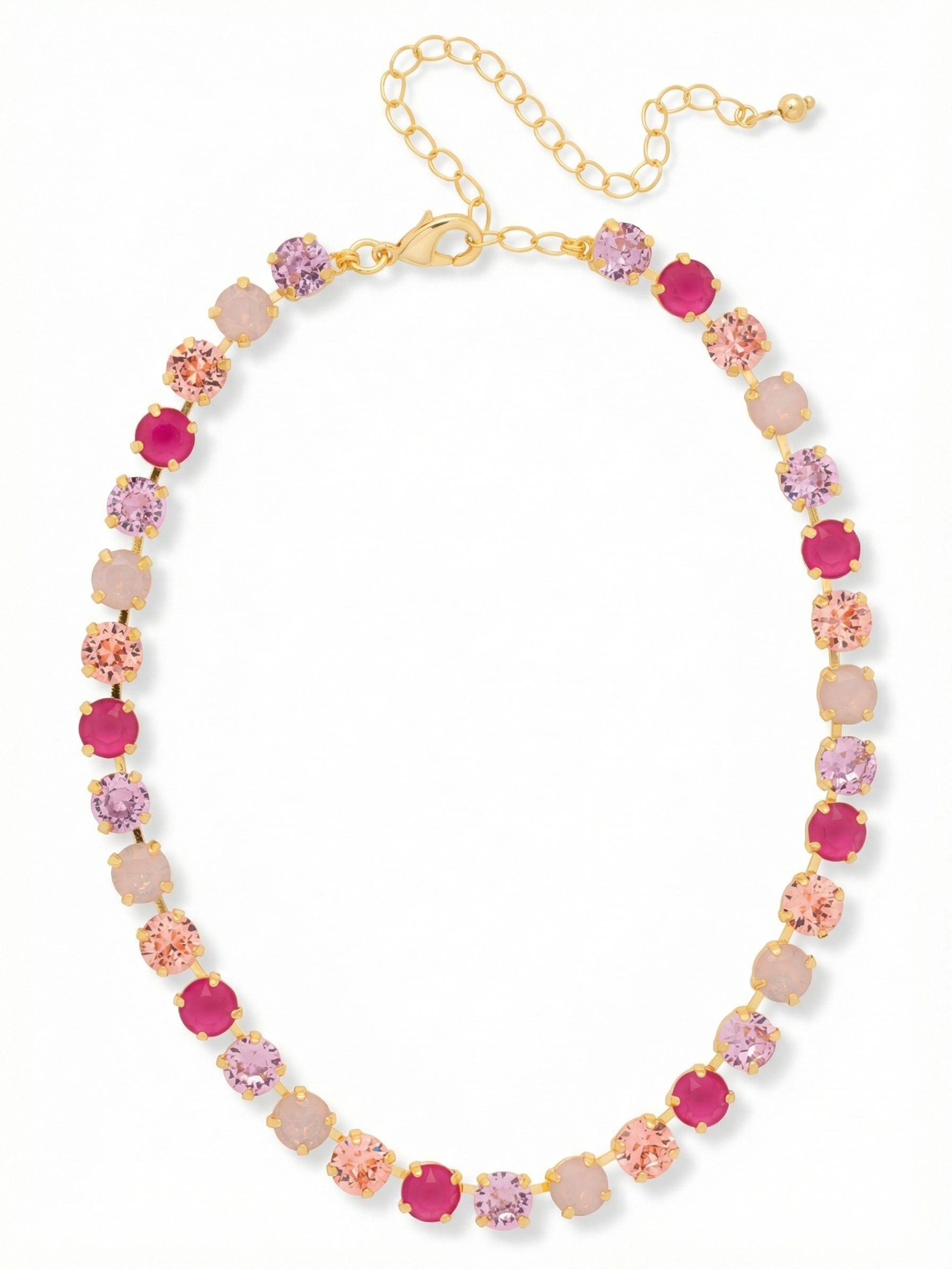 Matilda Choker Necklace - NFJ80BGPRO - <p>A continuous line of warm pinks and saturated color, this choker rests close to the collarbone with a deliberate, rhythmic weight. The bright gold-tone setting holds a sequence of round-cut crystals in shifting tones of rose water opal, light rose, and deep peony pink lacquer. The kette chain construction allows the piece to articulate fluidly with every movement of your neck. An included extension chain lets you easily adjust the drape, ensuring it sits exactly where you want it whether worn solo or layered under longer chains.</p><ul>
<li>Continuous kette chain construction for fluid articulation</li>
<li>Alternating round-cut crystals in a warm rose and opal palette</li>
<li>Lobster claw clasp</li>
<li>4-inch adjustable extension chain</li>
<li>Protective e-coat finish for lasting wear</li>
<li>Includes signature organza pouch for gifting and travel</li>
</ul>