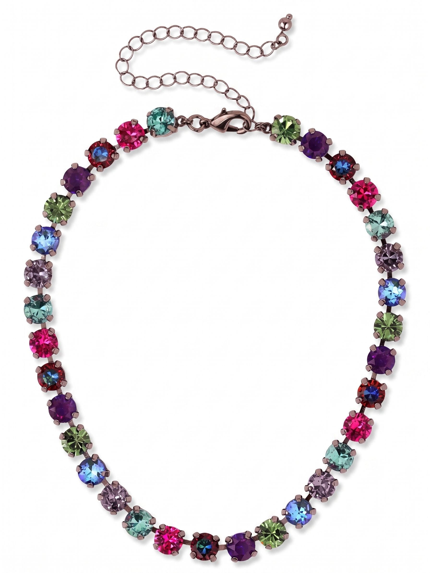 Matilda Choker Necklace - NFJ80GMNNI - <p>The Matilda Choker frames the collarbone in a dense line of saturated jewel tones. Set in an articulated channel chain, uniformly sized round crystals catch the ambient light, flashing deep magentas, vibrant teals, and stormy purples that echo a midnight nebula. This fluid construction allows the necklace to drape naturally, shifting as you move. An integrated extension chain lets you dictate the precise fit, adjusting easily from a close collar to a slightly relaxed drape to anchor a layered stack.</p><ul>
<li>Articulated channel chain that drapes fluidly</li>
<li>Alternating rhythm of saturated jewel-toned round crystals</li>
<li>Lobster claw clasp</li>
<li>4-inch adjustable extension chain</li>
<li>Includes signature organza pouch for gifting and travel</li>
</ul>