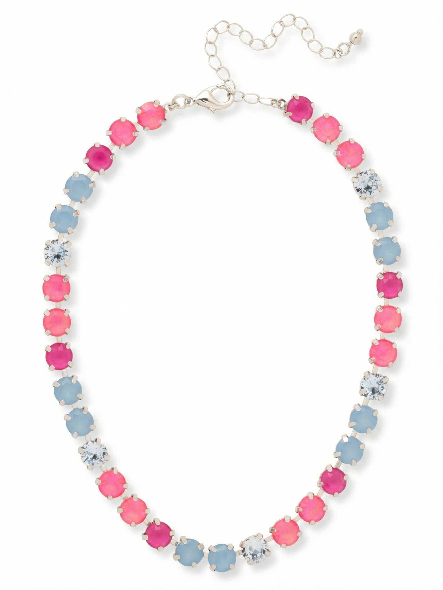 Matilda Choker Necklace - NFJ80PDPBZ - <p>A vibrant rhythm of color wraps comfortably around the base of the neck. This continuous choker contrasts the intense depth of lacquered pink crystals with the soft, milky calm of air blue opal. Built on a flexible channel chain, the stones maintain a fluid, unbroken line that responds smoothly to your movements. The included extension chain lets you tailor the fit precisely to your collarbone or higher up. It brings a deliberate, bright anchor to an open neckline or a crisp white shirt.</p><ul>
<li>Alternating blocks of vibrant pink and milky blue round crystals</li>
<li>Flexible channel chain maintains a fluid, unbroken crystal line</li>
<li>Lobster claw clasp</li>
<li>4-inch adjustable extension chain</li>
<li>Protective e-coat finish for lasting wear</li>
<li>Includes signature organza pouch for gifting and travel</li>
</ul>