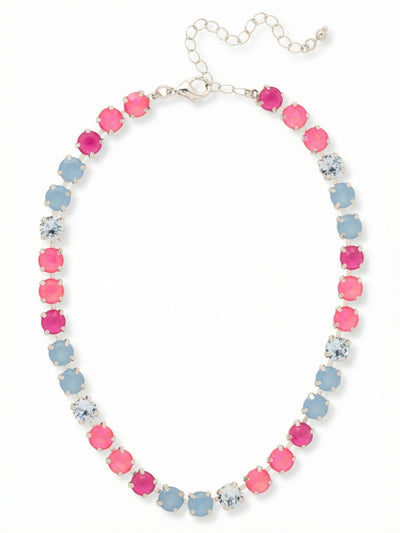 Matilda Choker Necklace - NFJ80PDPBZ - <p>A vibrant rhythm of color wraps comfortably around the base of the neck. This continuous choker contrasts the intense depth of lacquered pink crystals with the soft, milky calm of air blue opal. Built on a flexible channel chain, the stones maintain a fluid, unbroken line that responds smoothly to your movements. The included extension chain lets you tailor the fit precisely to your collarbone or higher up. It brings a deliberate, bright anchor to an open neckline or a crisp white shirt.</p><ul>
<li>Alternating blocks of vibrant pink and milky blue round crystals</li>
<li>Flexible channel chain maintains a fluid, unbroken crystal line</li>
<li>Lobster claw clasp</li>
<li>4-inch adjustable extension chain</li>
<li>Protective e-coat finish for lasting wear</li>
<li>Includes signature organza pouch for gifting and travel</li>
</ul>