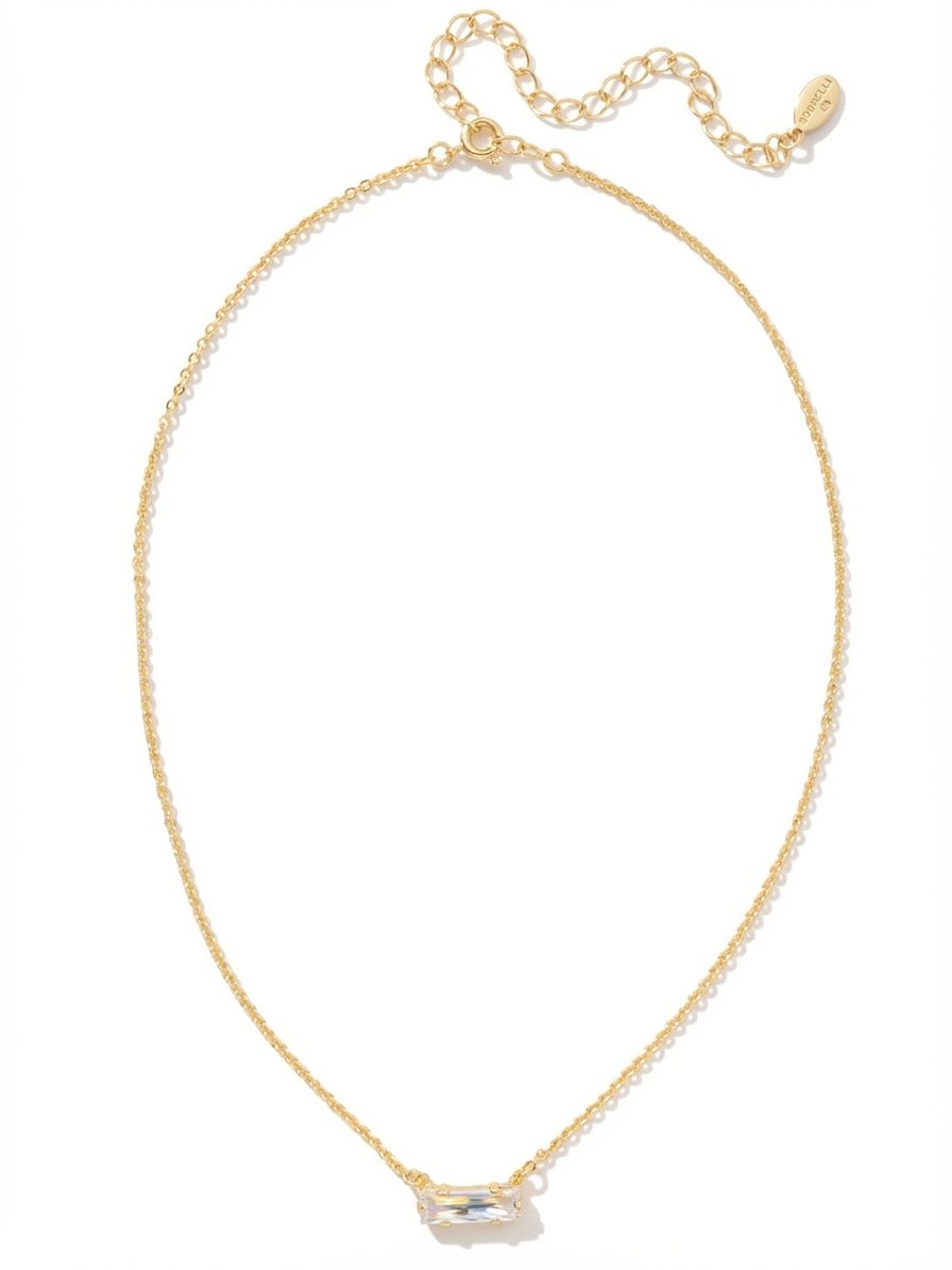 Bindi Pendant Necklace - NFL13BGCRY - <p>A single horizontally set baguette crystal anchors this fine cable chain. The rectangular cut catches light in crisp, clean flashes, offering a sharp alternative to traditional round pendants. Worn near the collarbone, it brings a quiet architecture to your neckline. The delicate chain layers effortlessly with longer pieces, while the included extension lets you dial in the exact drop. It is a subtle, modern accent for your everyday rotation.</p><ul>
<li>Horizontally set rectangular crystal creates a clean geometric line</li>
<li>Fine cable chain disappears against the skin for a floating effect</li>
<li>4-inch adjustable extension chain</li>
<li>Protective e-coat finish for lasting wear</li>
<li>Includes signature organza pouch for gifting and travel</li>
</ul>