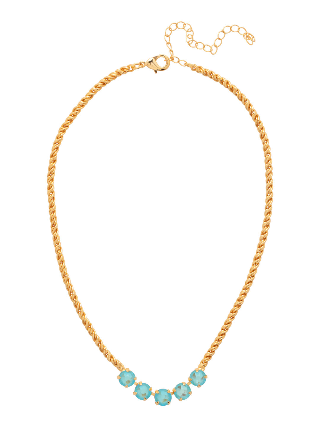 Shannon Tennis Necklace - NFL1BGSBD - <p>The Shannon Tennis Necklace features a line of five round cut crystals on an adjustable rope chain, secured by a lobster claw clasp. (16-20 inches) From Sorrelli's Summer Blue Delite collection in our Bright Gold-tone finish.</p>