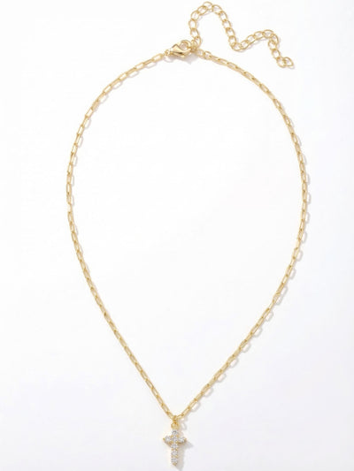 Crystal Cross Pendant Necklace - NFM7BGCRY - <p>The petite cross pendant catches ambient light with its closely set crystals, suspended from an elongated link chain that adds a modern architectural contrast to a classic motif. Sized to rest gently near the collarbone, its scale is subtle enough for daily wear while remaining distinct enough to anchor a layered arrangement. An included extension chain lets you easily adjust the drape to suit varying necklines as you move through the week.</p><ul>
<li>Elongated rectangular links create a modern chain profile</li>
<li>Petite cross motif set with tight clusters of round crystals</li>
<li>Lobster claw clasp</li>
<li>4-inch adjustable extension chain</li>
<li>Protective e-coat finish for lasting wear</li>
<li>Includes signature organza pouch for gifting and travel</li>
</ul>