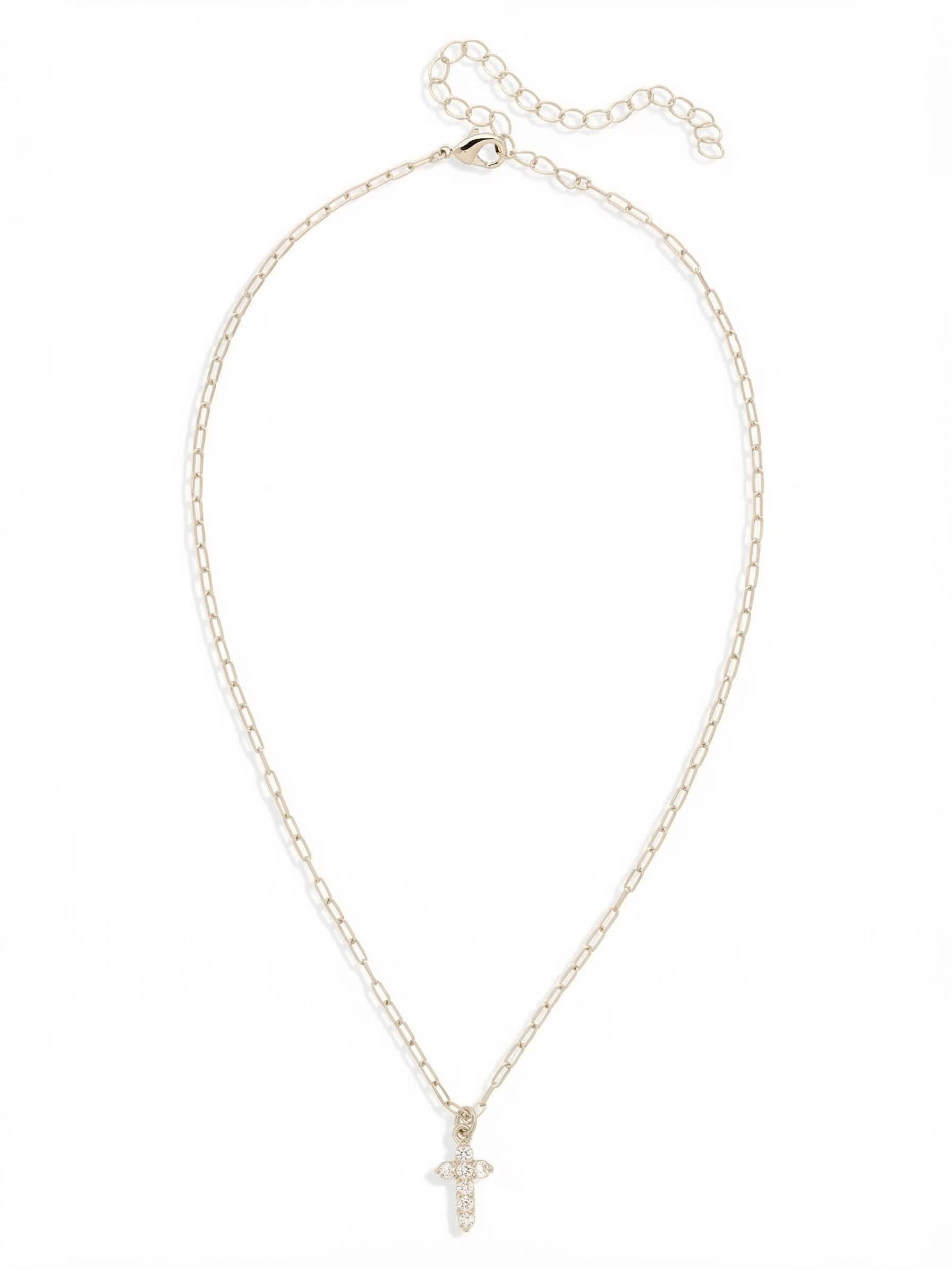 Crystal Cross Pendant Necklace - NFM7PDCRY - <p>A delicate reimagining of a classic symbol, this cross pendant brings quiet light to your everyday layering. The airy thin chain rests gently at the collarbone, suspending a fine arrangement of round crystals that catch the sun as you move. It is a piece designed for effortless daily wear, blending easily into your existing collection. An adjustable extension chain allows you to dial in the exact length to suit your neckline.</p><ul>
<li>Delicate link chain offers an airy foundation for layering</li>
<li>Refined cross silhouette formed by tightly set round crystals</li>
<li>Lobster claw clasp</li>
<li>4-inch adjustable extension chain</li>
<li>Protective e-coat finish for lasting wear</li>
<li>Includes signature organza pouch for gifting and travel</li>
</ul>