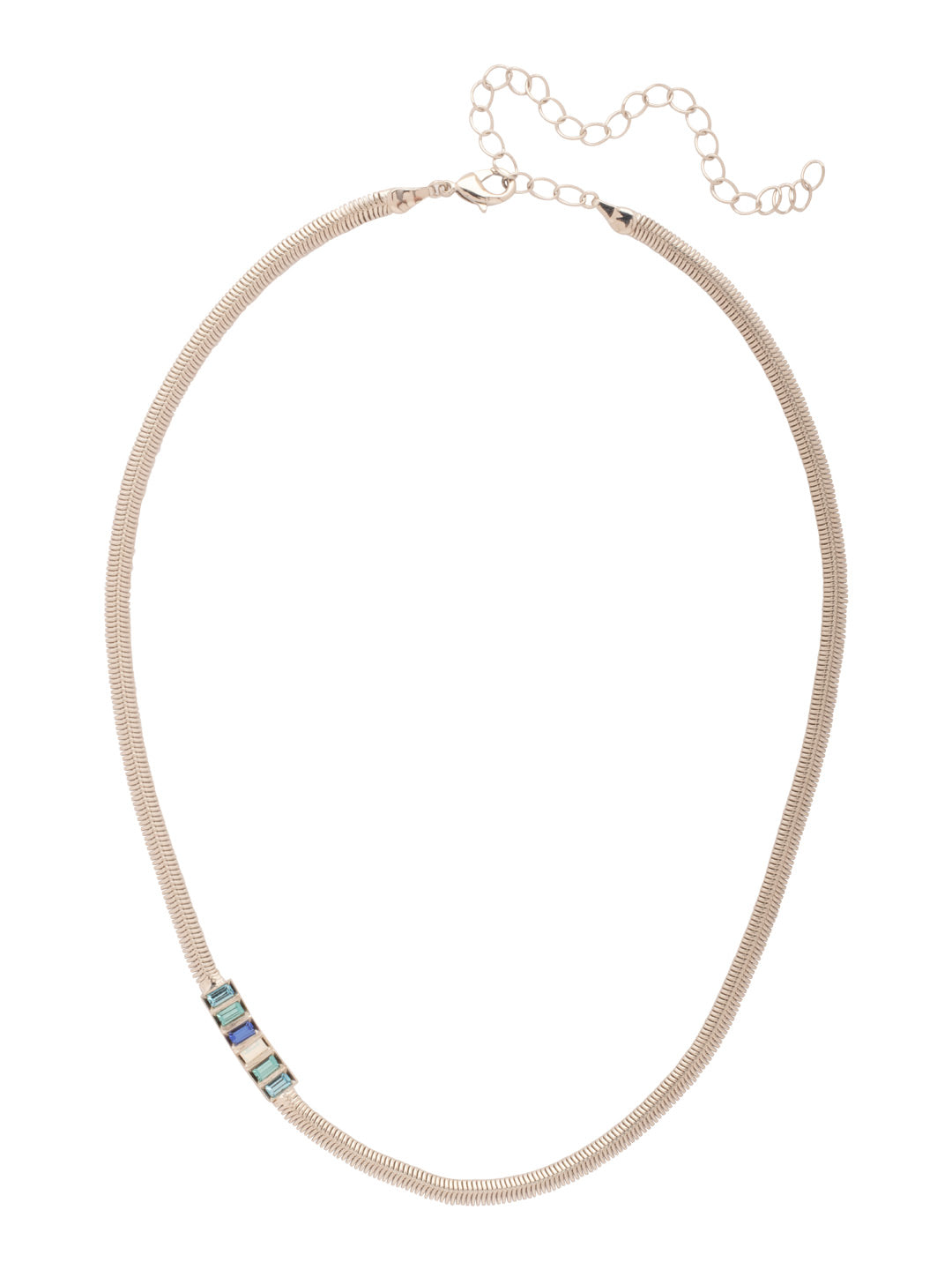 Secily Tennis Necklace - NFP30PDEB - <p>The Secily Tennis Necklace features a row of baguette cut crystals off-centered on a thin, adjustable snake chain, secured with a lobster claw clasp. From Sorrelli's Electric Blue collection in our Palladium finish.</p>