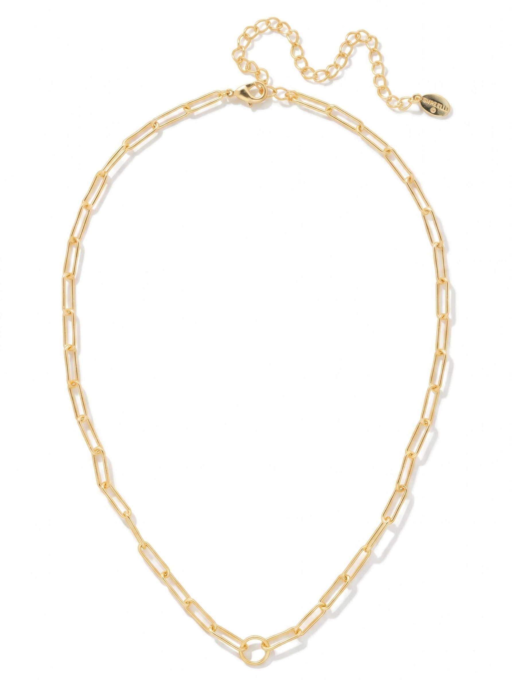 Paperclip Charm Pendant Necklace - NFR1BGMTL - <p>A foundational piece built for daily rotation. This bright metallic paperclip chain rests lightly along the collarbone with an open, airy construction that catches the light. A central loop anchors the necklace with a clean focal point. The attached extension chain lets you adjust the drape to match your neckline or layer seamlessly with heavier pieces.</p><ul>
<li>Elongated paperclip links create an airy and lightweight visual rhythm</li>
<li>Central loop detail serves as a minimalist focal point</li>
<li>Lobster claw clasp</li>
<li>4-inch adjustable extension chain</li>
<li>Protective e-coat finish for lasting wear</li>
<li>Includes signature organza pouch for gifting and travel</li>
</ul>
