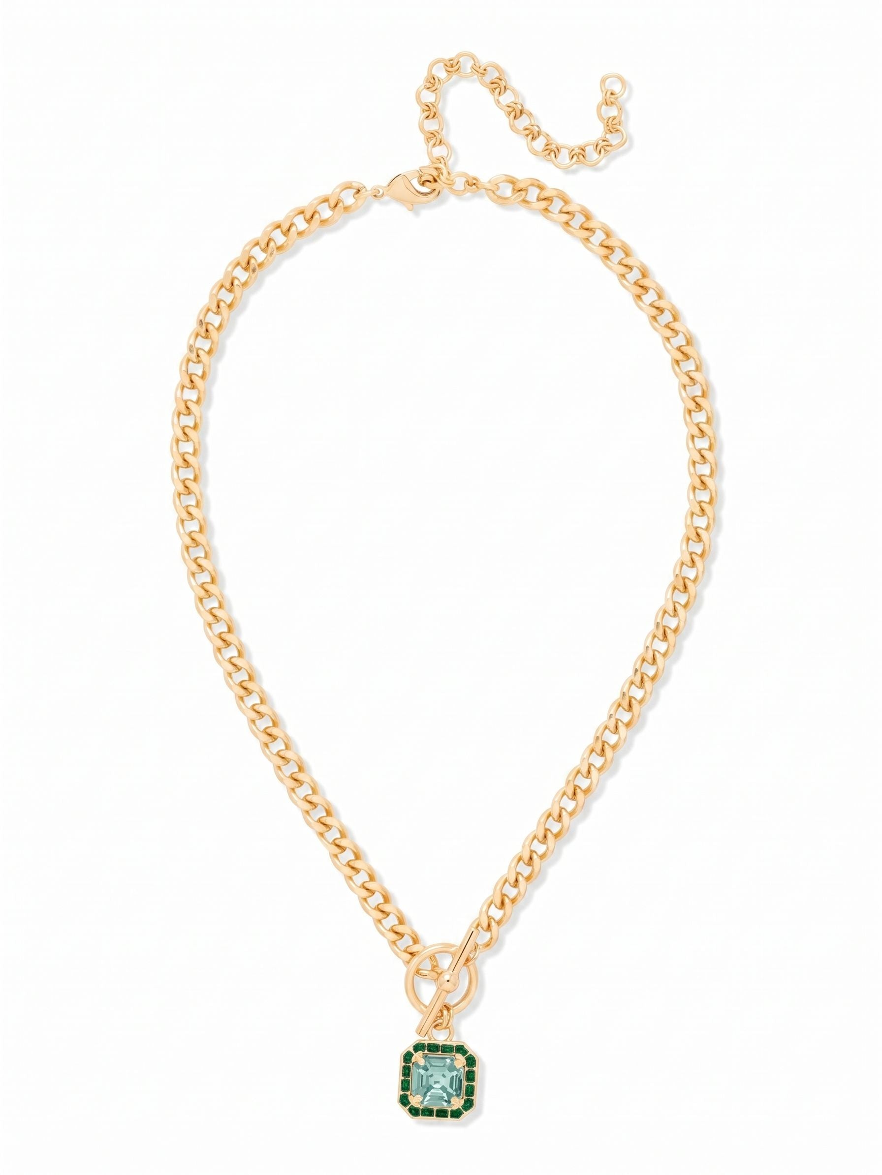 Autumn Pendant Necklace - NFS5BGOC - <p>A substantial chain grounds this pendant with a confident, everyday weight. The front ring-and-bar detail brings a structural hardware element that draws the eye down to a precise square-cut aquamarine crystal. The contrast of thick links against the sharp facets of the stone creates a balanced visual tension. With an extension chain at the back, you can adjust the drape to fall exactly where you want it, resting over a knit neckline or sitting directly on the collarbone.</p><ul>
<li>Substantial cable chain with front ring-and-bar hardware detail</li>
<li>Crisp square-cut central crystal framed by a contrasting border</li>
<li>Lobster claw clasp</li>
<li>4-inch adjustable extension chain</li>
<li>Protective e-coat finish for lasting wear</li>
<li>Includes signature organza pouch for gifting and travel</li>
</ul>