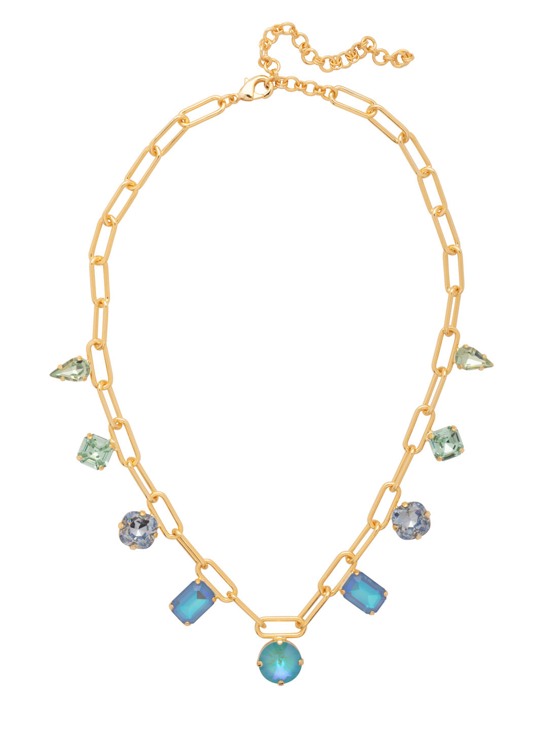 Kelly Tennis Necklace - NFT1BGOC - <p>The Kelly Tennis Necklace features a bold chunky paperclip chain adorned with an array of assorted-cut crystals, creating a striking and modern look. Adjustable for the perfect fit, this necklace is secured with a lobster claw clasp, making it a versatile statement piece for any occasion. (17-21 inches) From Sorrelli's Ocean collection in our Bright Gold-tone finish.</p>